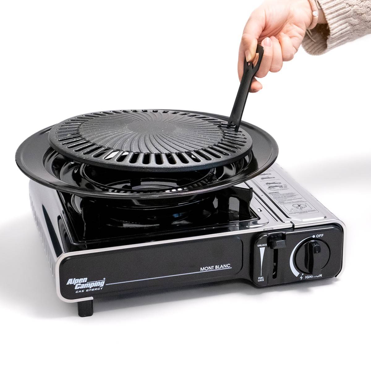 Barbecue gaz Grill 2en1 Réchaud gaz piezo 2200W + Grille + 4 cartouches gaz 250g Butane Camping ALPEN - Image 3