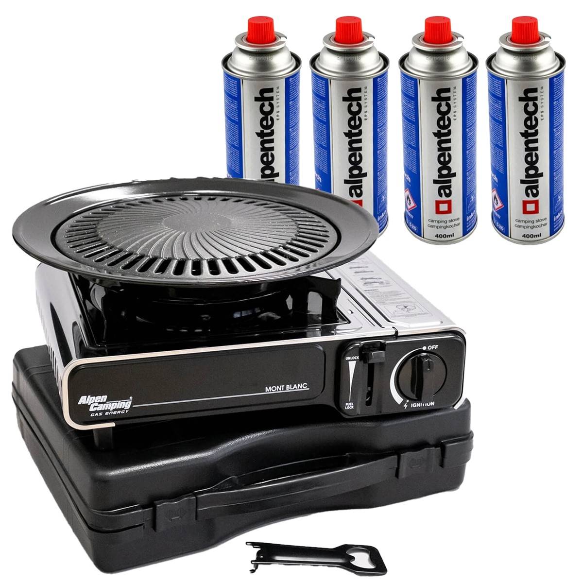 Barbecue gaz Grill 2en1 Réchaud gaz piezo 2200W + Grille + 4 cartouches gaz 250g Butane Camping ALPEN - Image 1