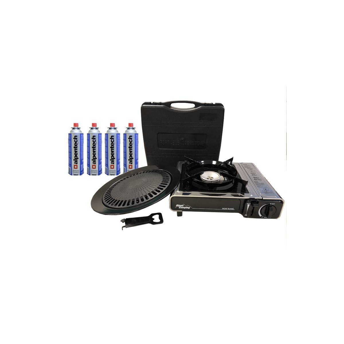 Barbecue gaz Grill 2en1 Réchaud gaz piezo 2200W + Grille + 4 cartouches gaz 250g Butane Camping ALPEN - Image 2