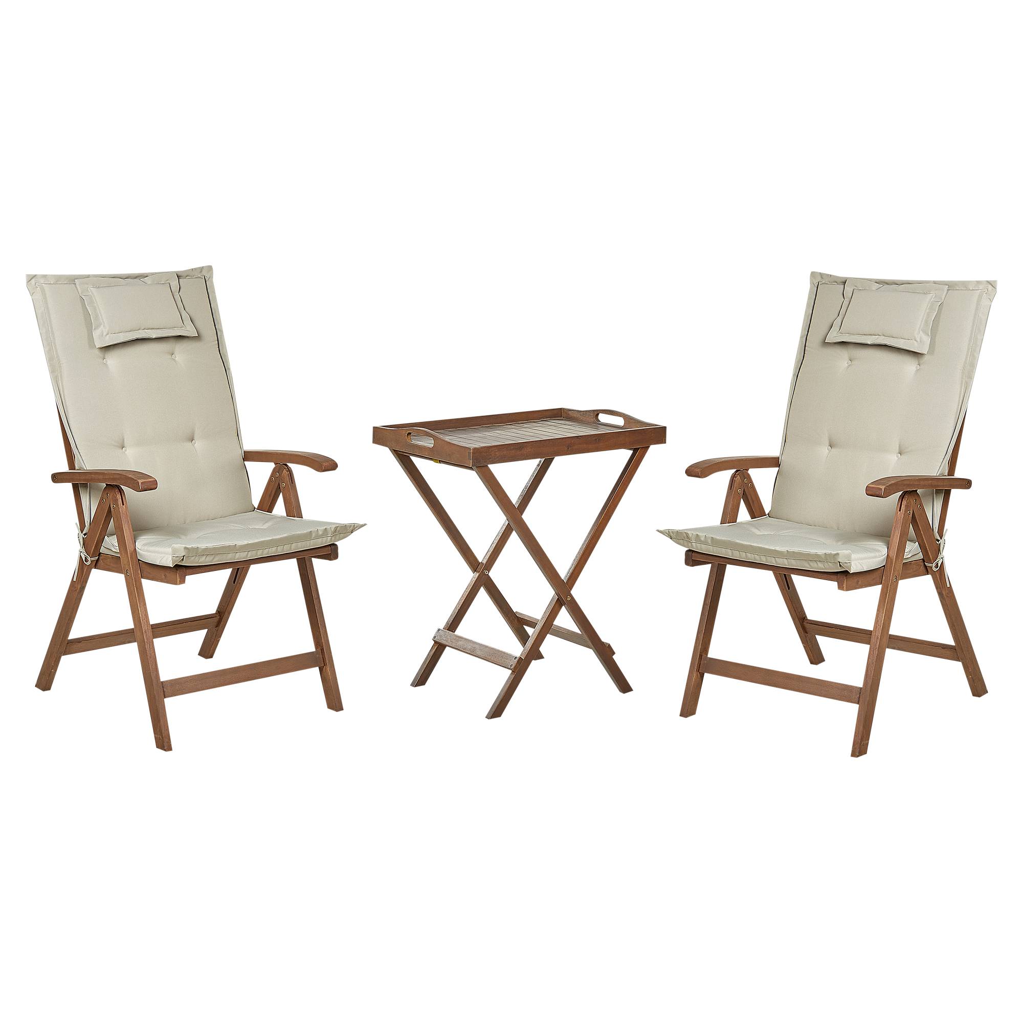Beliani - Set de Jardin ou Terrasse en Bois d'Acacia Foncé Table et 2 Chaises Inclinables et Pliantes avec Coussins Taupe pour Tout Usage - Image 1