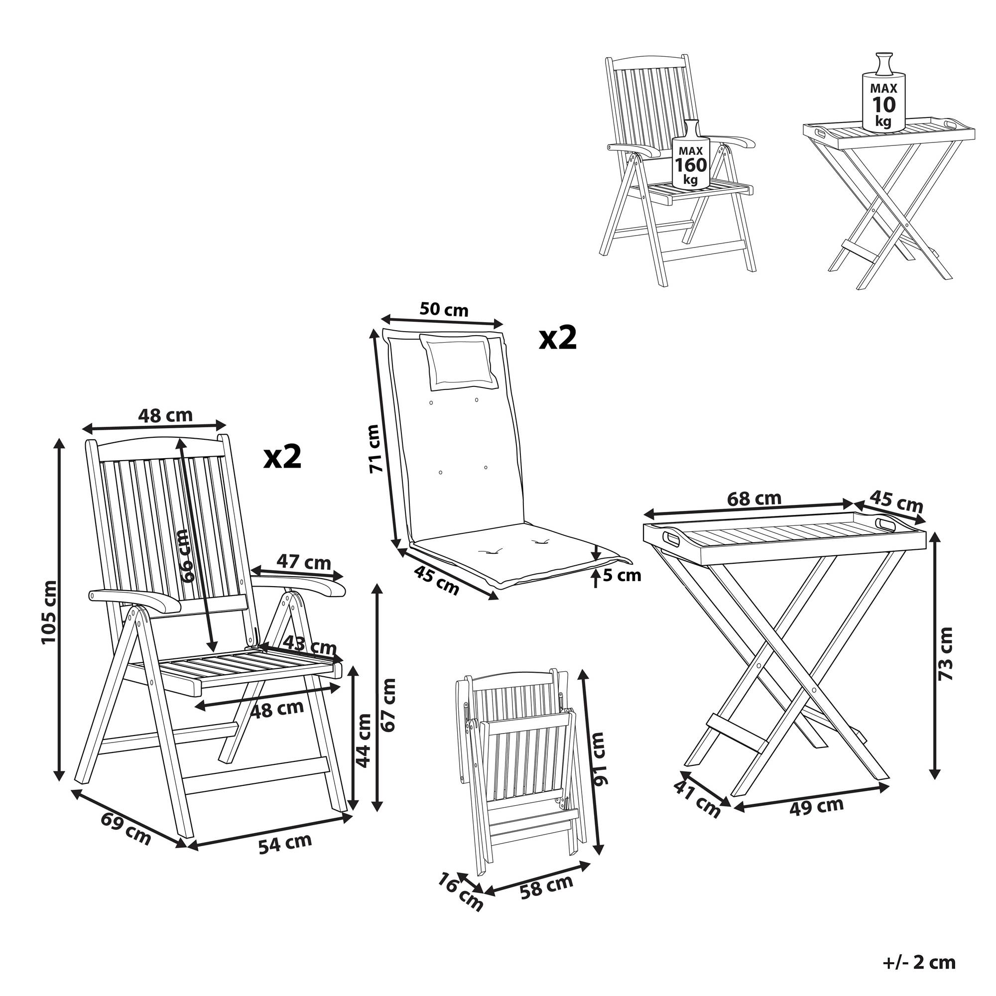 Beliani - Set de Jardin ou Terrasse en Bois d'Acacia Foncé Table et 2 Chaises Inclinables et Pliantes avec Coussins Taupe pour Tout Usage - Image 3