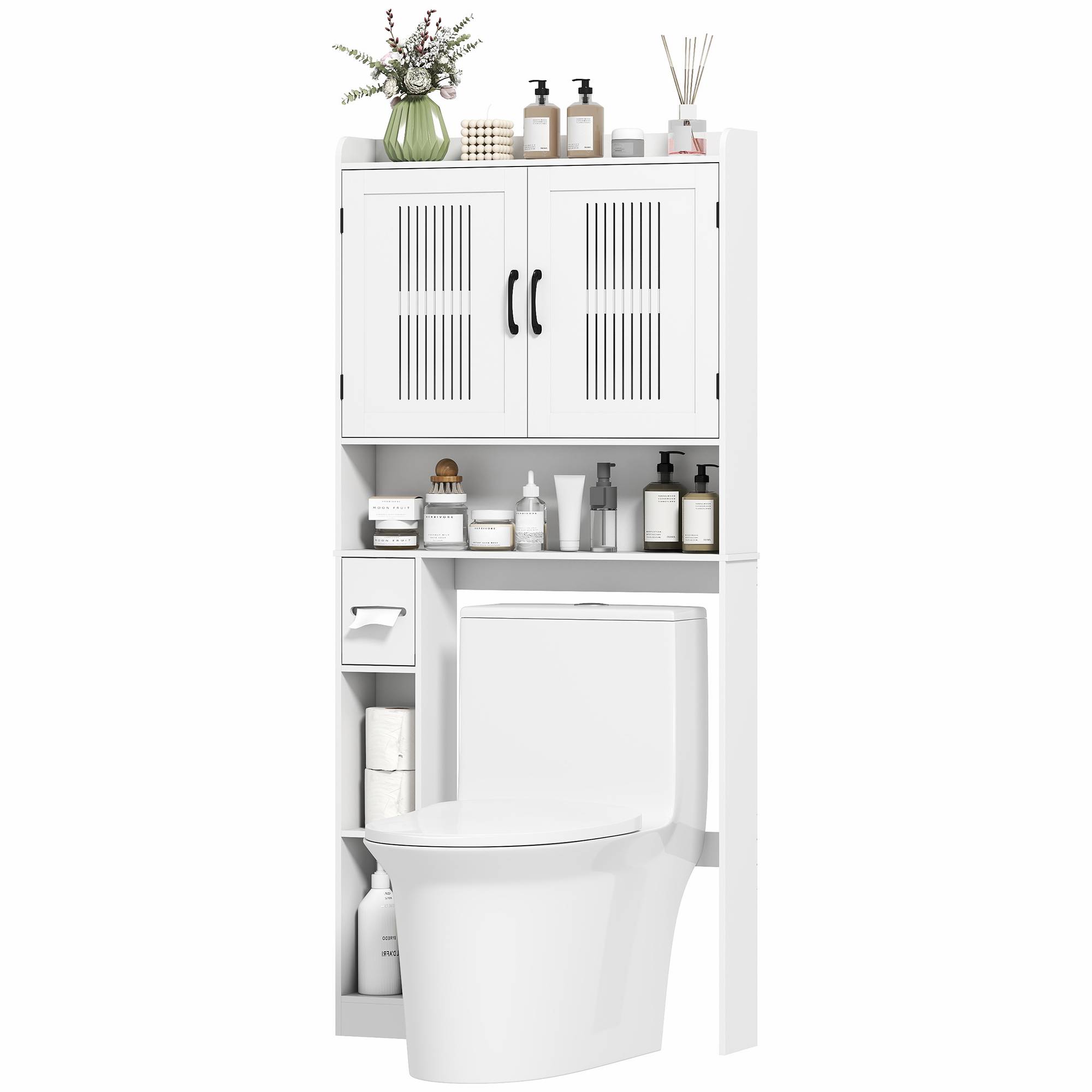 Sans Marque - Étagère suspendre dessus toilettes tablette réglable 2 portes porte-papier toilette étagères ouvertes salle bain blanche - Image 2