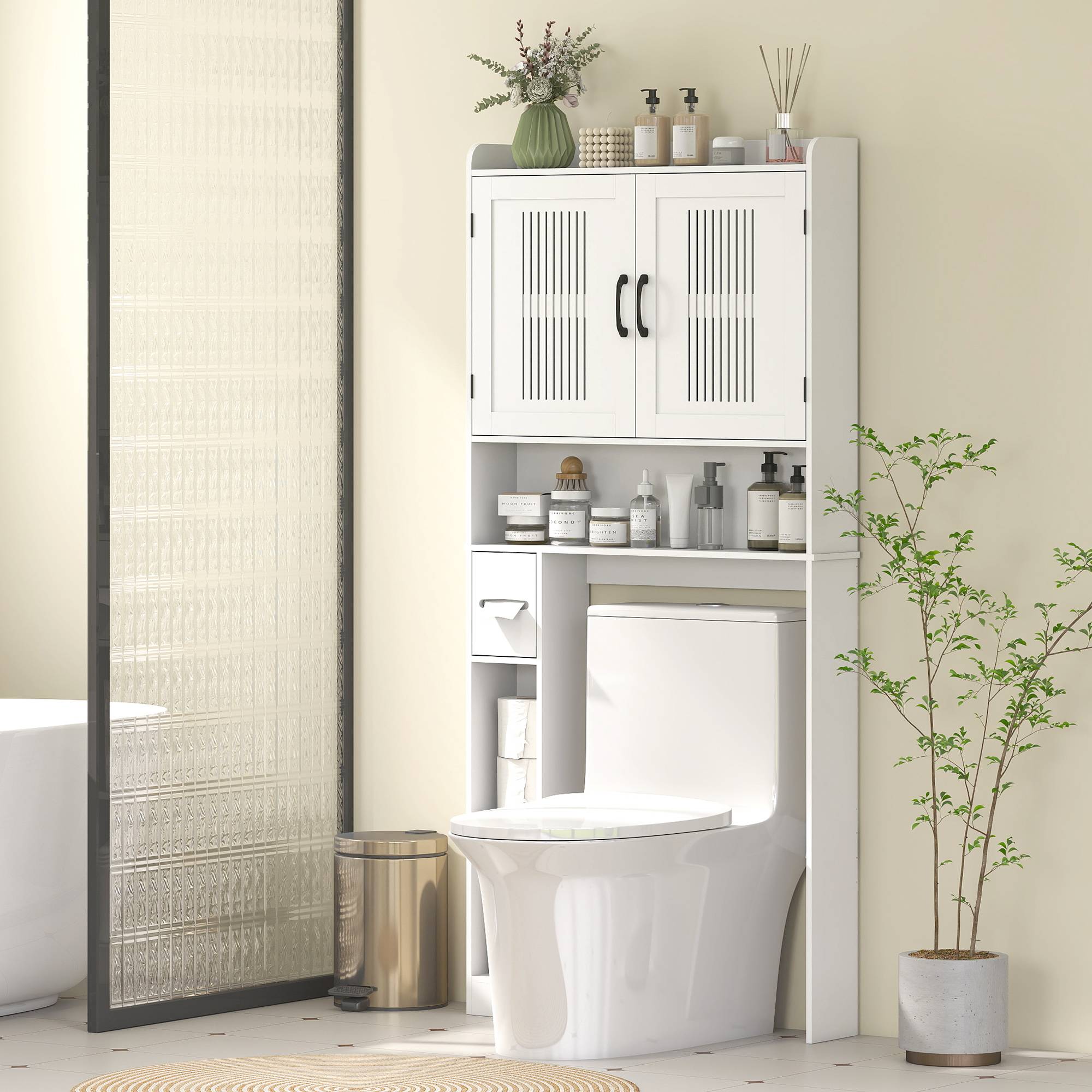Sans Marque - Étagère suspendre dessus toilettes tablette réglable 2 portes porte-papier toilette étagères ouvertes salle bain blanche - Image 4