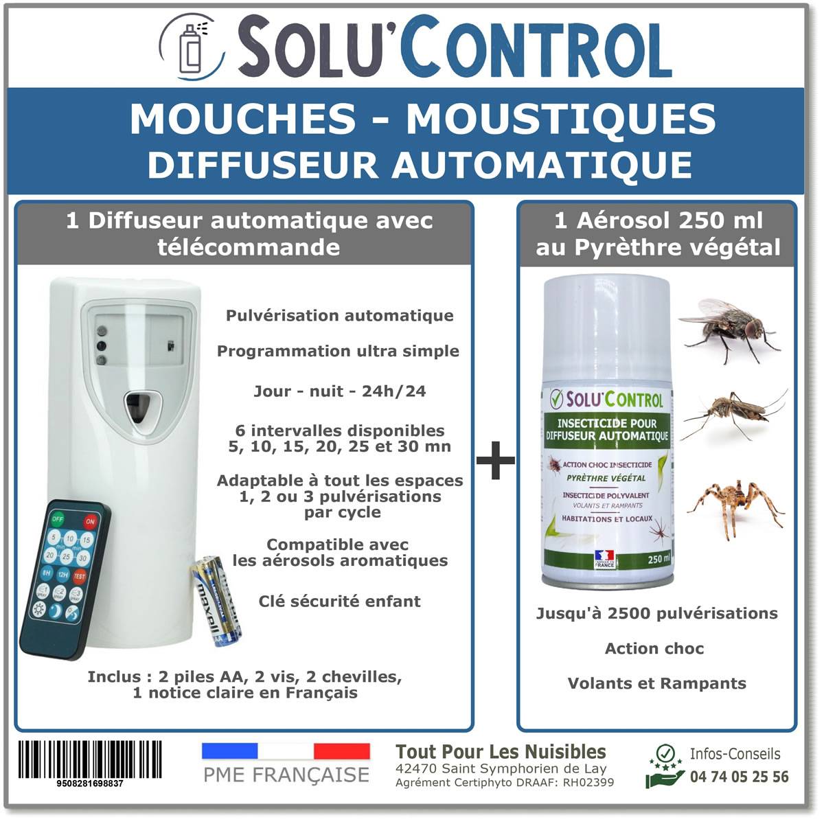 Kit Diffuseur Automatique avec télécommande + Aérosol  au Pyrèthre Végétal 250 ml - Anti-Mouches & Anti-Moustiques -