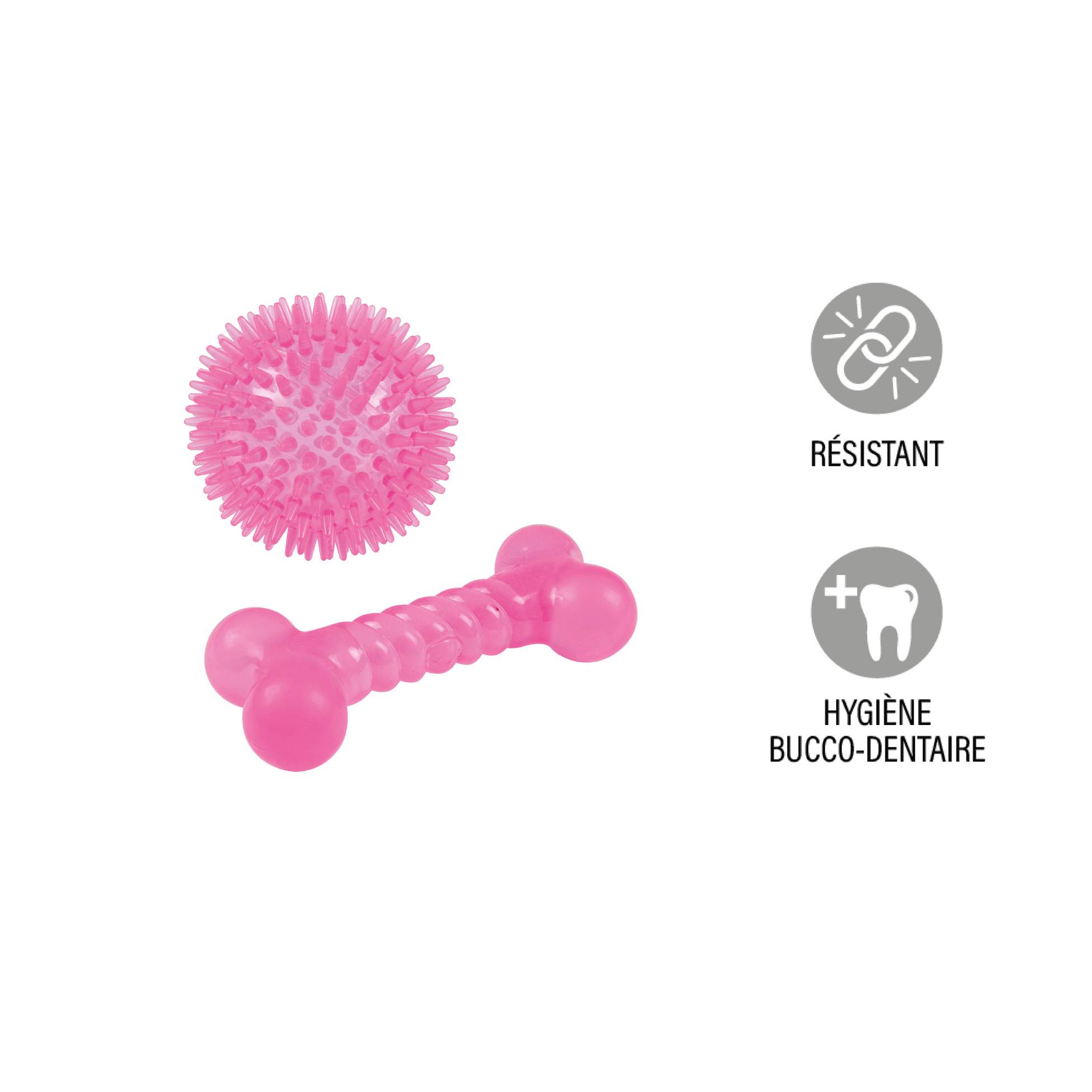 Set de 2 jouets balle et os rose 13 x 8 cm pour chien - Image 5