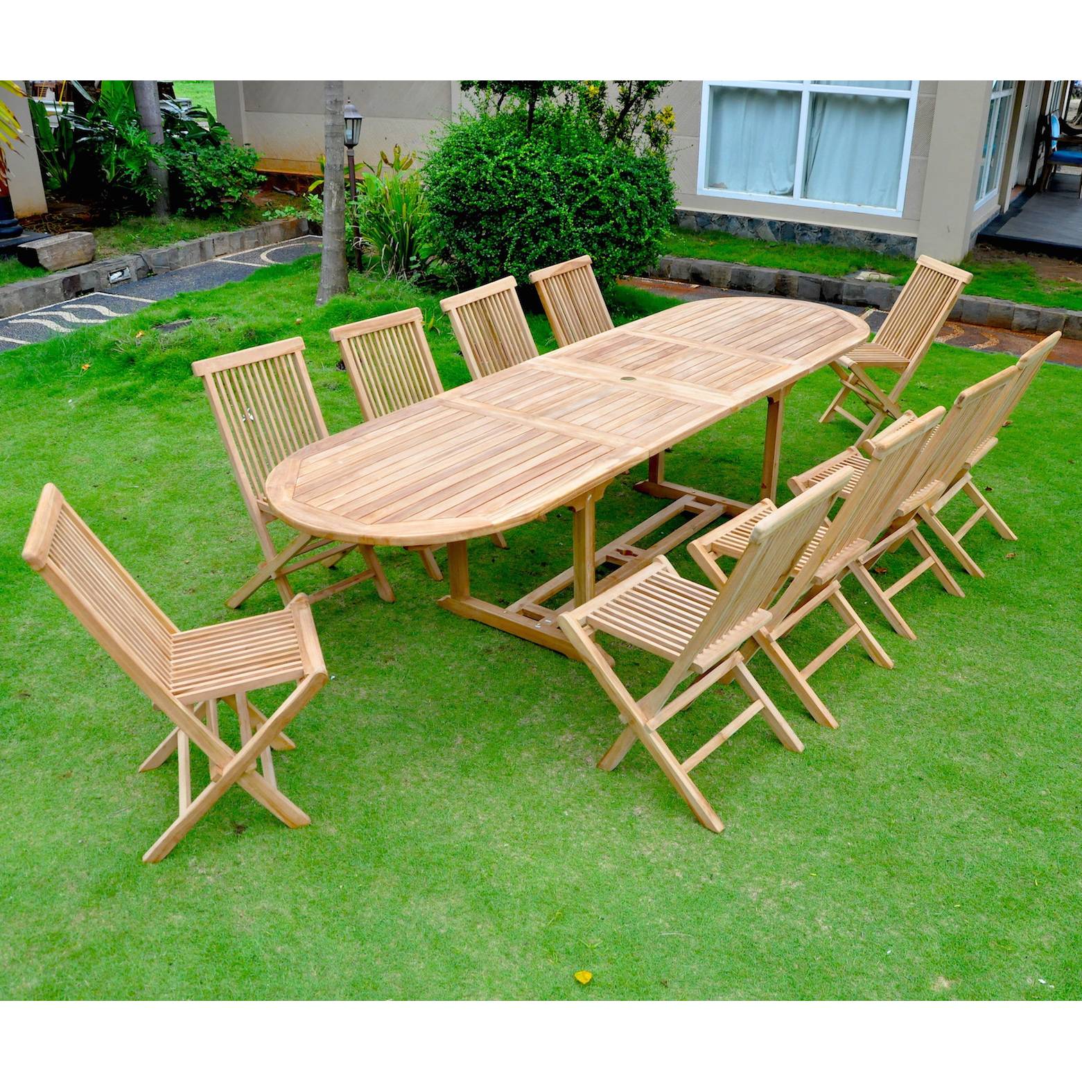 Salon de jardin Teck massif 10-12 personnes - Table ovale + 10 chaises KAJANG - Image 2