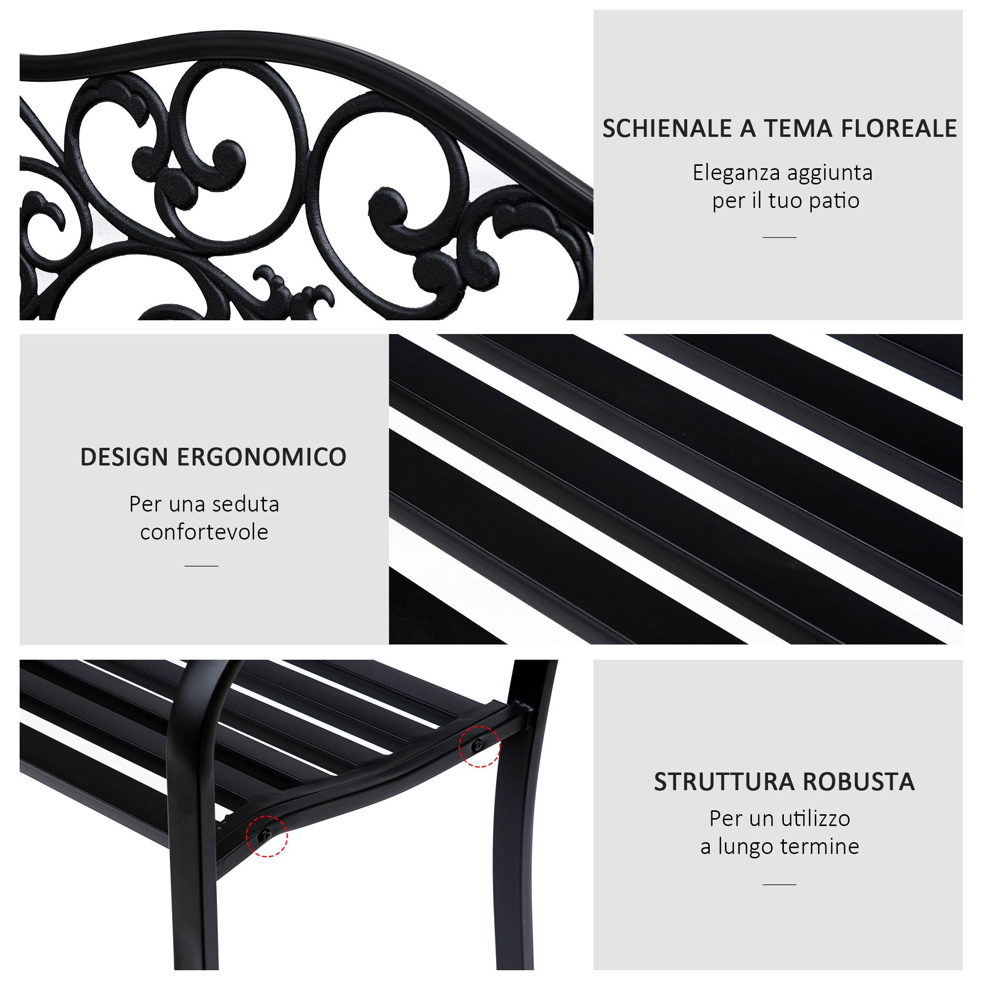 Banc de jardin 2 places avec dossier décoré en fonte et métal, 127 x 60 x 89 cm, noir - Image 7