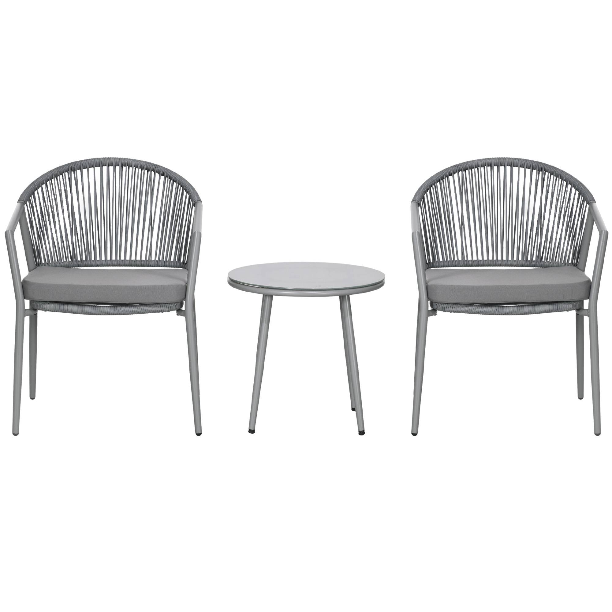 ComfortXL - Salon de jardin 3 pièces résine tressée gris clair 2 fauteuils table ronde en verre pour terrasse balcon - Image 2