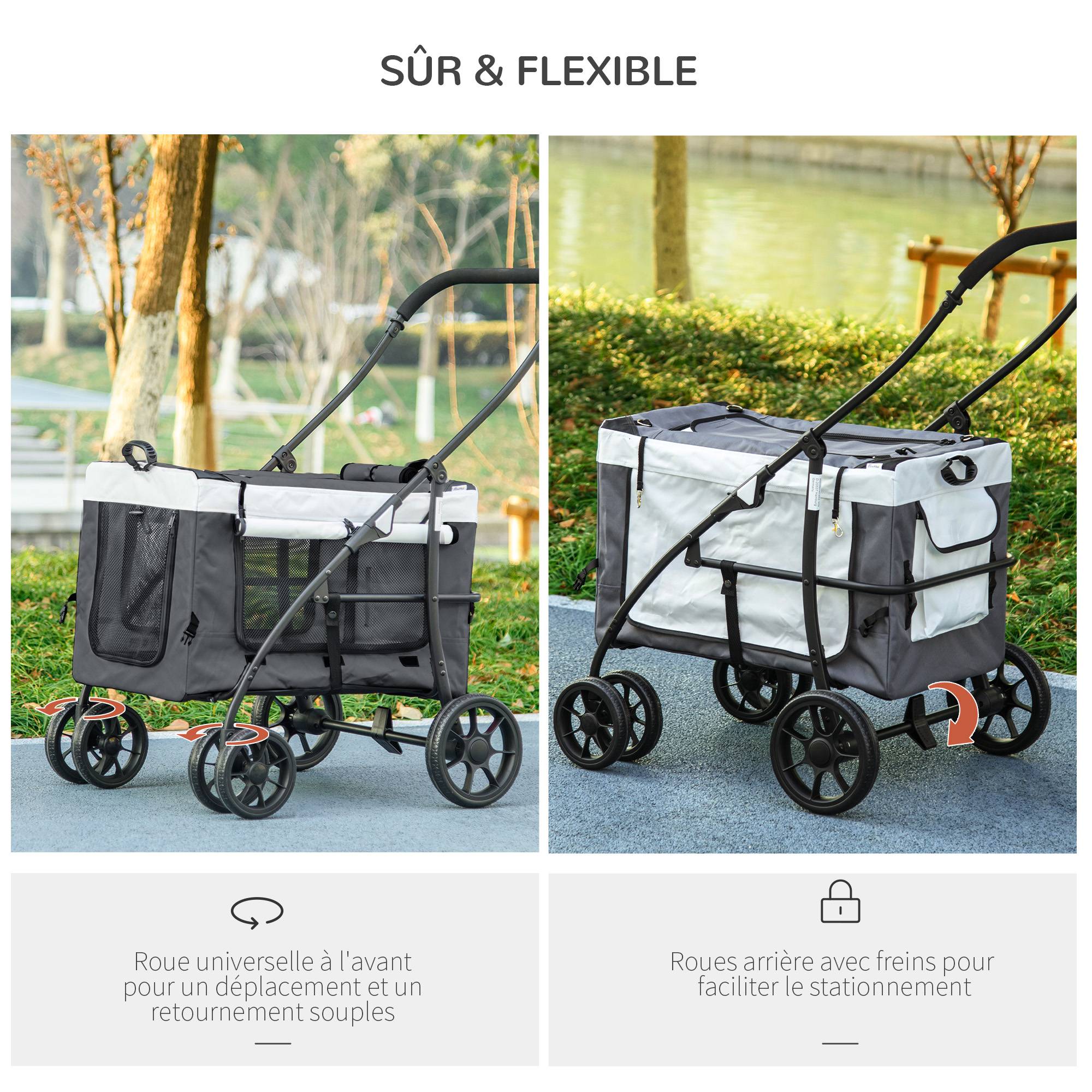Poussette pliable animaux chien chat nacelle amovible bandoulières 4 roues 81 x 58 x 97,5 cm gris - Image 8