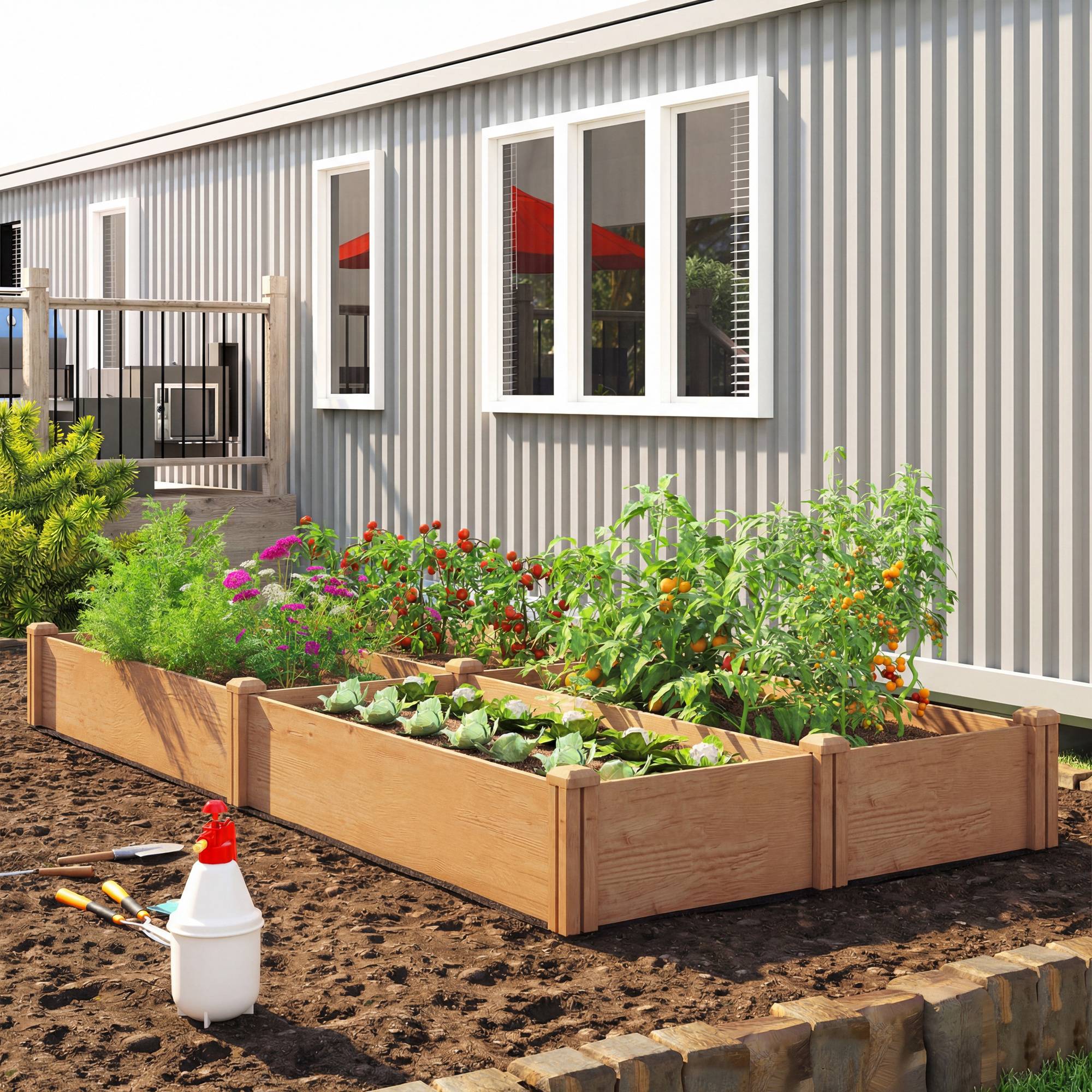 Carré Potager en Bois Lit de Jardin Surélevé 4 Zones de Culture Fond Ouvert Montage sans Outil 234x109x25cm Marron Clair - Image 3