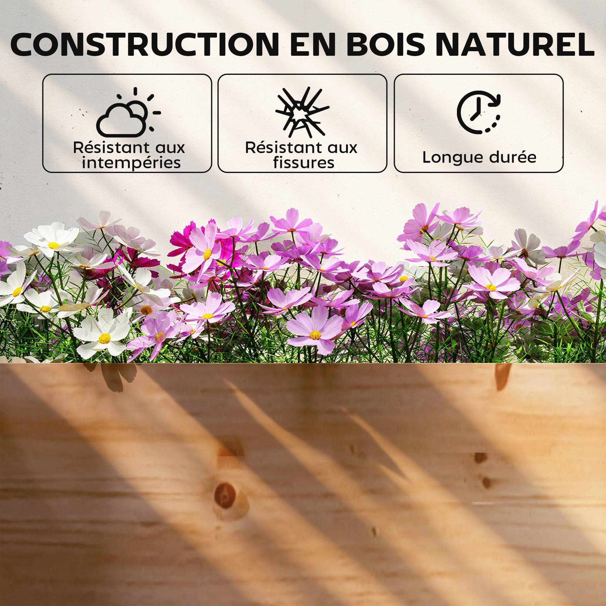 Carré Potager en Bois Lit de Jardin Surélevé 4 Zones de Culture Fond Ouvert Montage sans Outil 234x109x25cm Marron Clair - Image 8