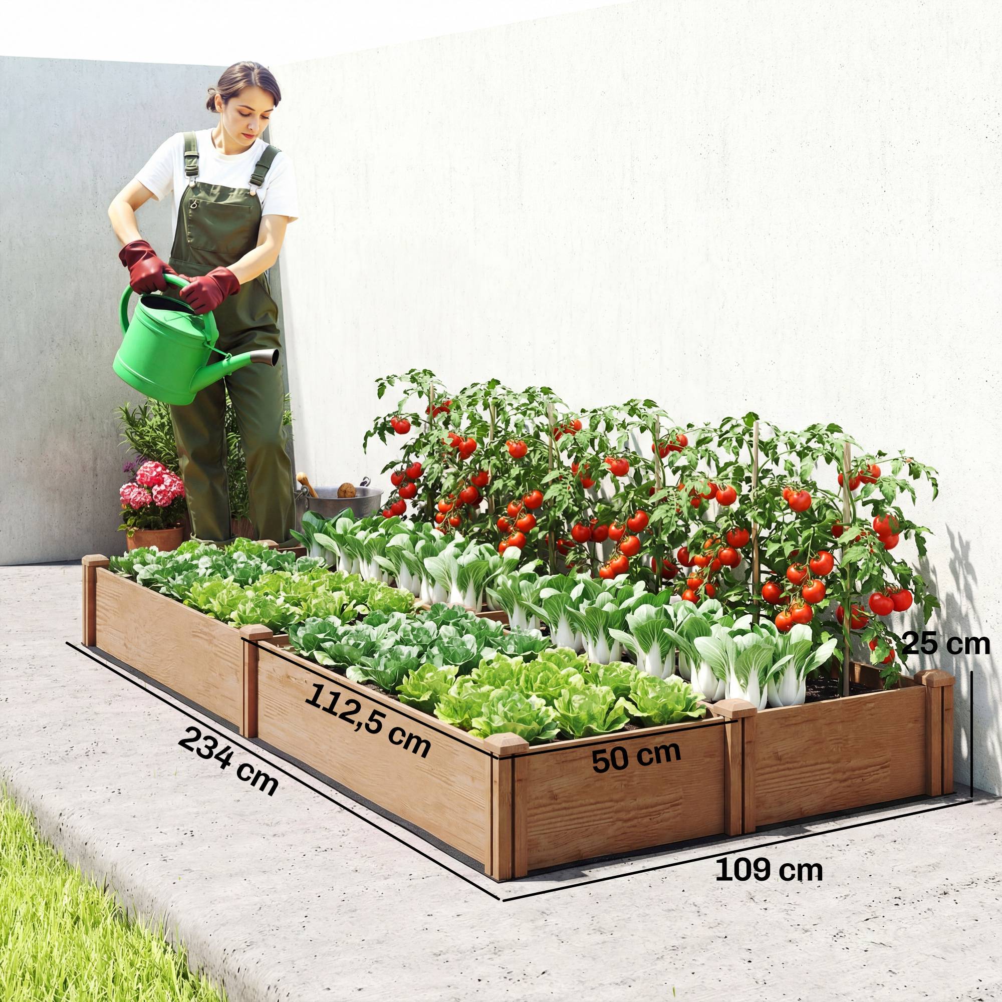 Carré Potager en Bois Lit de Jardin Surélevé 4 Zones de Culture Fond Ouvert Montage sans Outil 234x109x25cm Marron Clair - Image 5