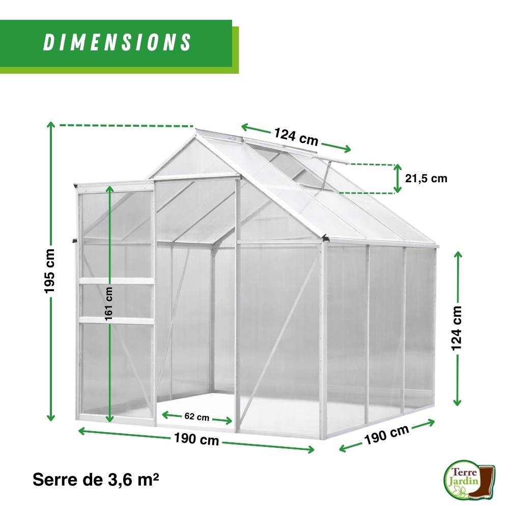 Serre de Jardin en Aluminium - 3,6 M² - Parois en polycarbonate - TERRE JARDIN - Image 3