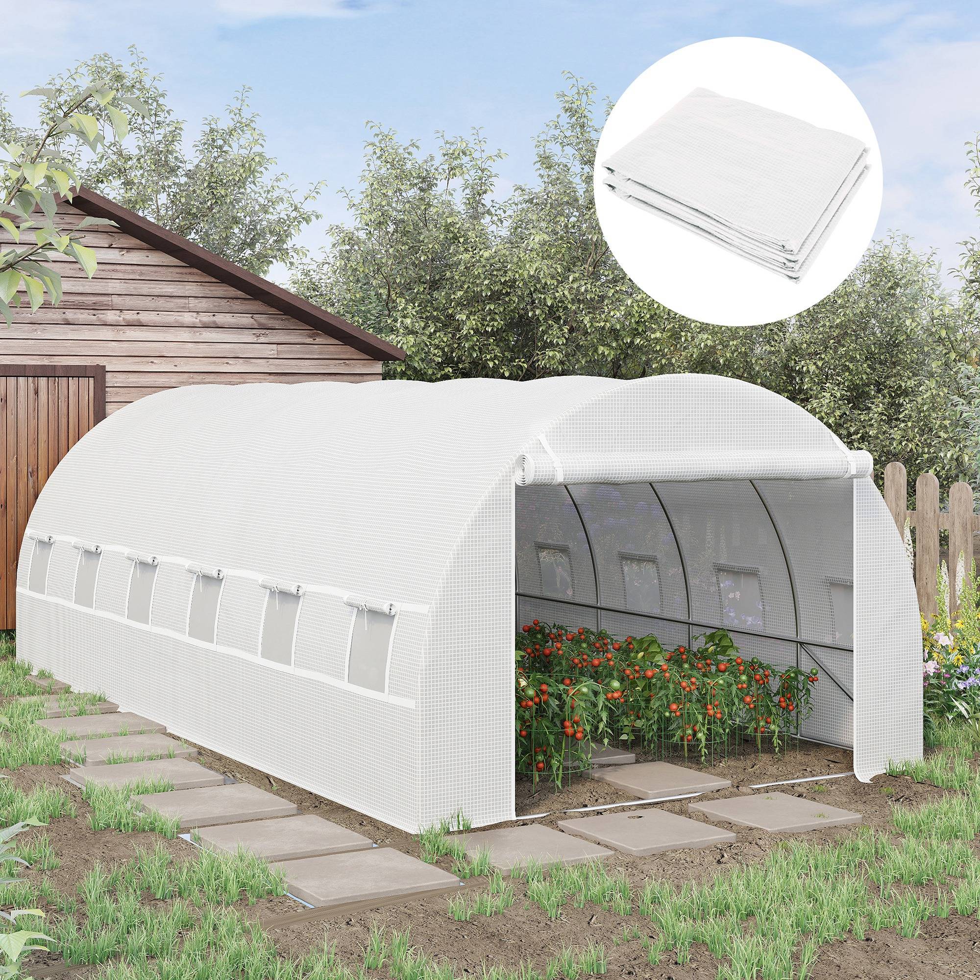 Bâche Rechange Serre Tunnel 18m² PE Blanc Anti-UV 12 Fenêtres 600x300x200cm - ComfortXL Outdoor Living