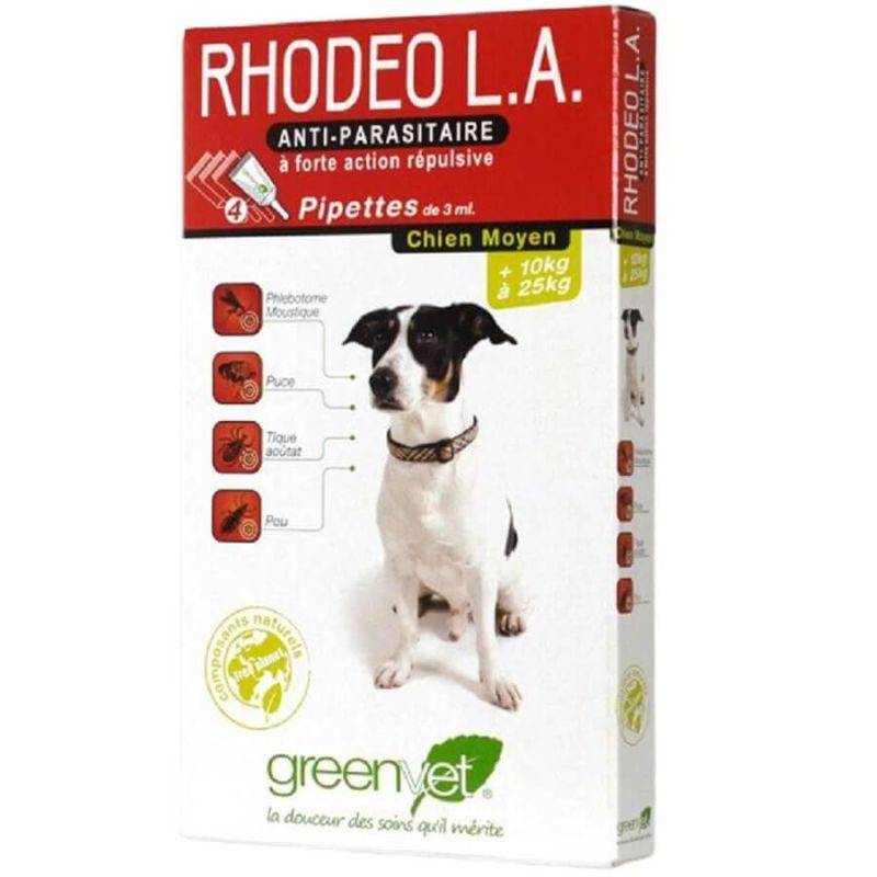 RHODEO L.A. PIPETTE ANTIPARASITAIRE CHIEN MOYEN 10- 25 kg - GREENVET 4 pipettes - Image 1