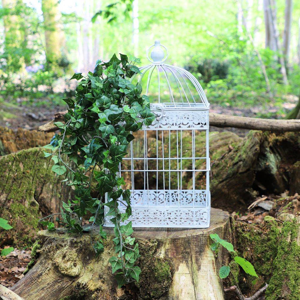 Cage à oiseaux décorative ancienne métal blanc 29x29x54cm Chemin de campagne - Image 2