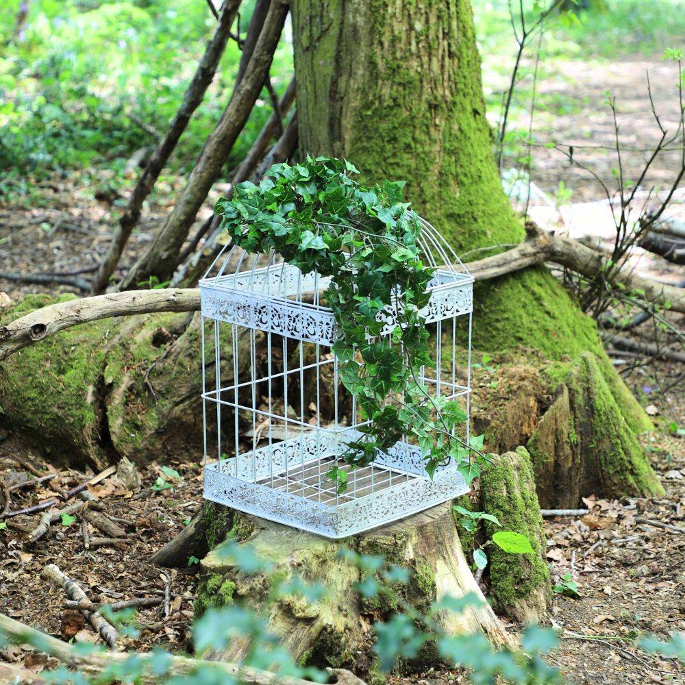 Cage à oiseaux décorative ancienne métal blanc 29x29x54cm Chemin de campagne - Image 3