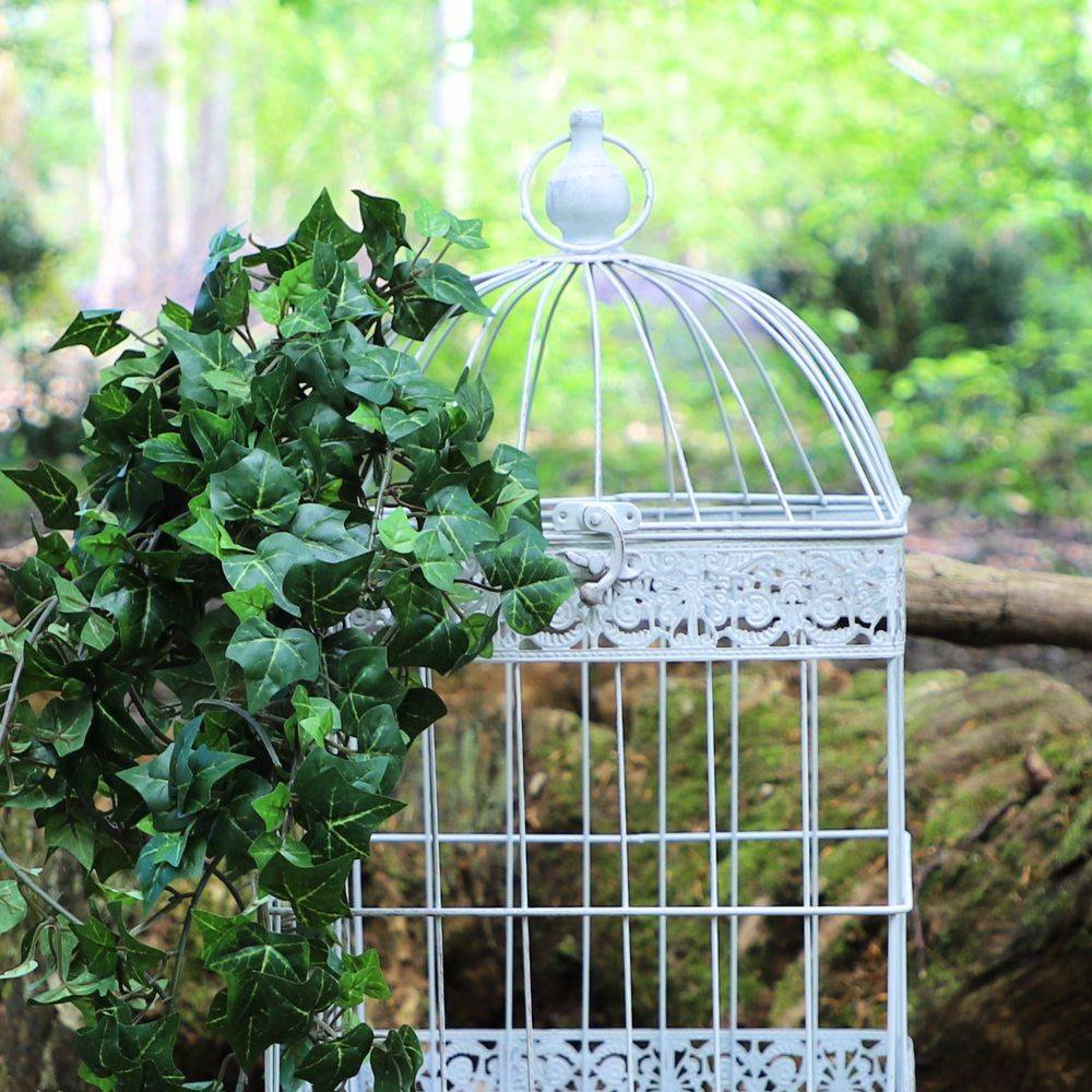 Cage à oiseaux décorative ancienne métal blanc 29x29x54cm Chemin de campagne - Image 4