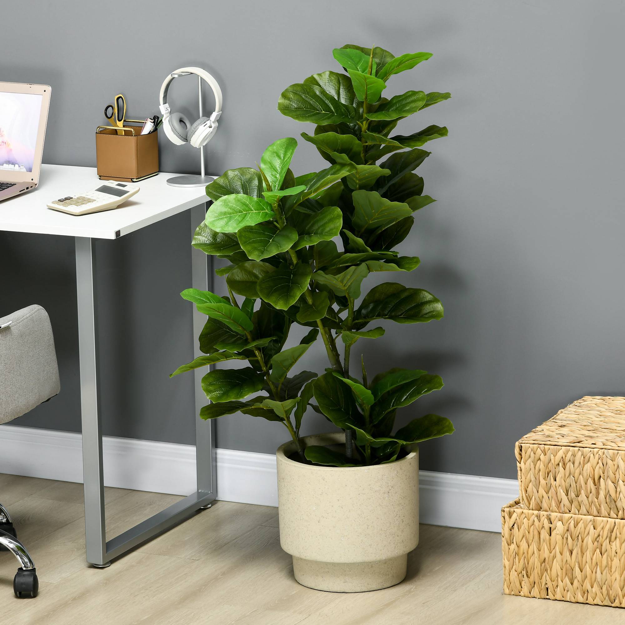 Lot de 2 plantes artificielles figuiers artificiels à feuilles arbre artificiel avec pot inclus hauteur 110 cm vert - Image 8
