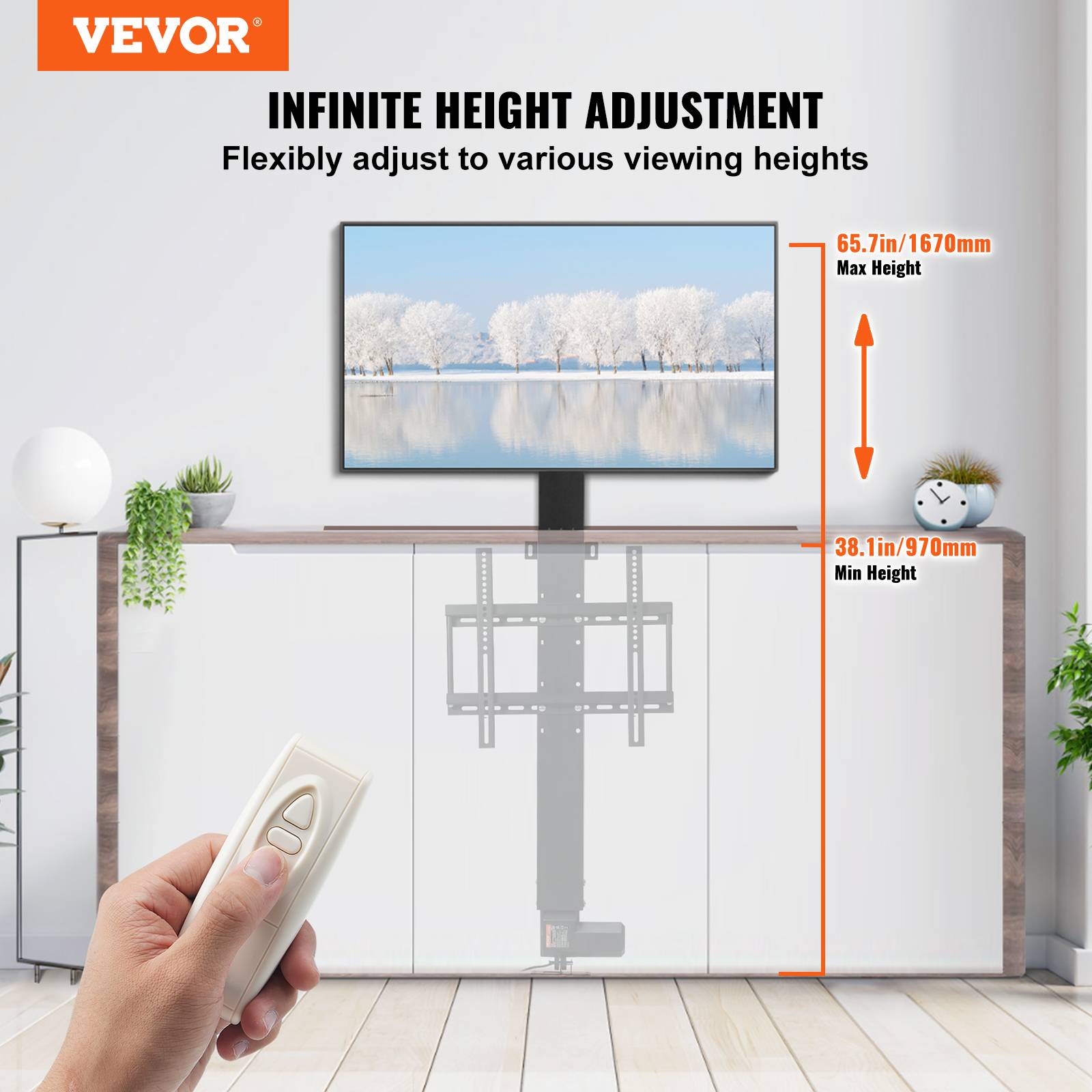 VEVOR Support TV universel 26-50", hauteur réglable 94.5-164.5cm, charge 60kg, moteur 1000N, 48.5x97.4cm. - Image 2