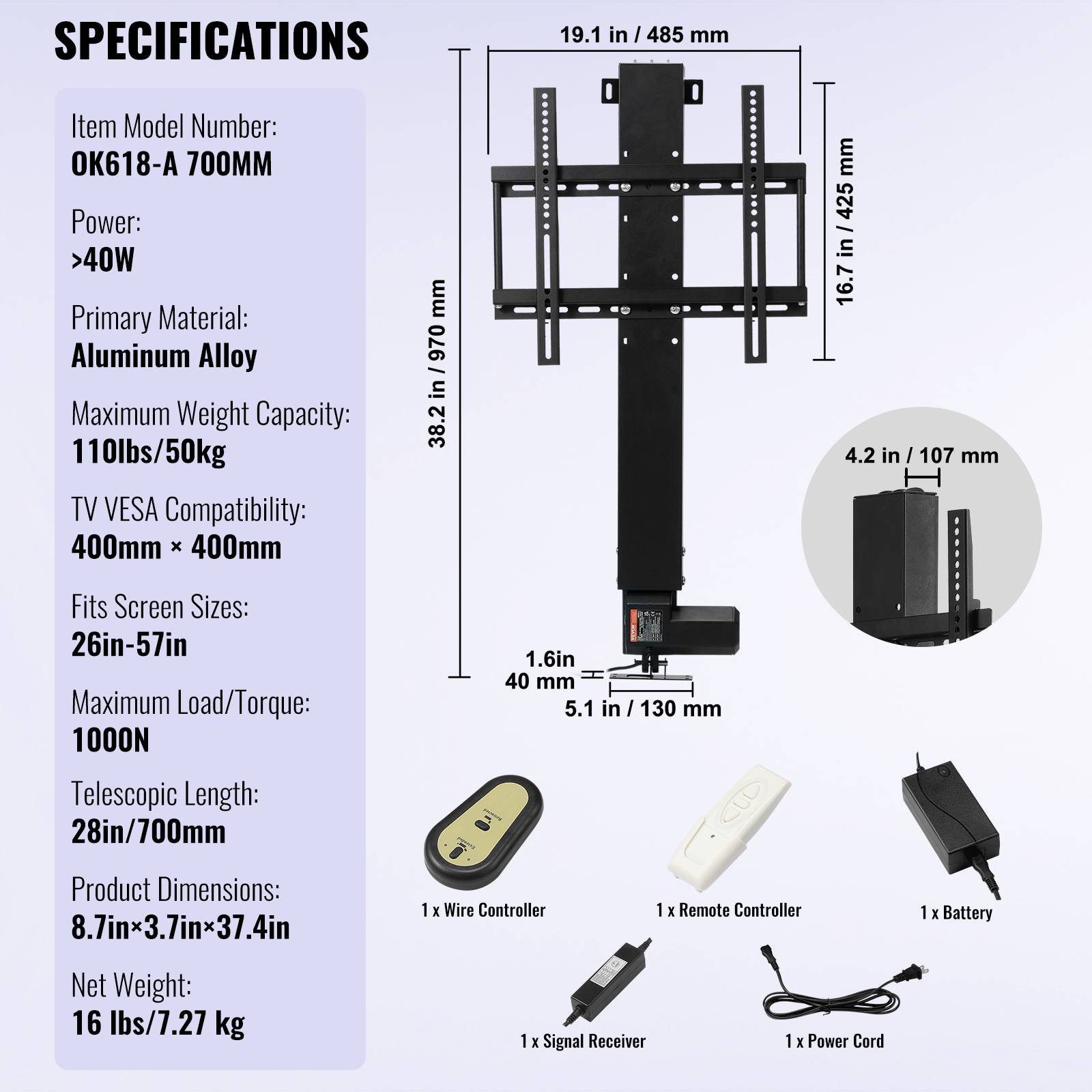 VEVOR Support TV universel 26-50", hauteur réglable 94.5-164.5cm, charge 60kg, moteur 1000N, 48.5x97.4cm. - Image 7