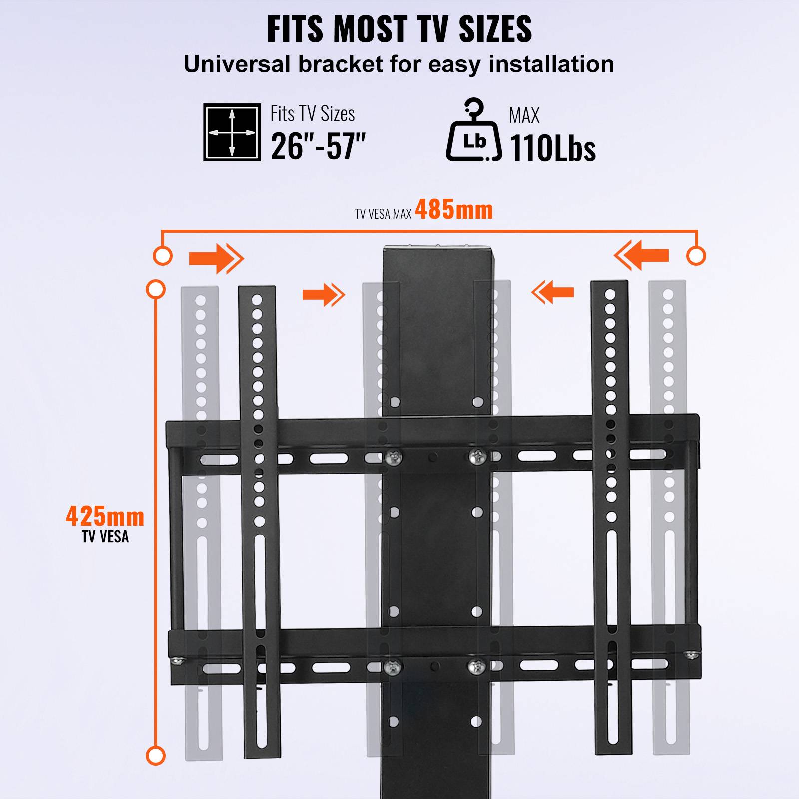 VEVOR Support TV universel 26-50", hauteur réglable 94.5-164.5cm, charge 60kg, moteur 1000N, 48.5x97.4cm. - Image 4