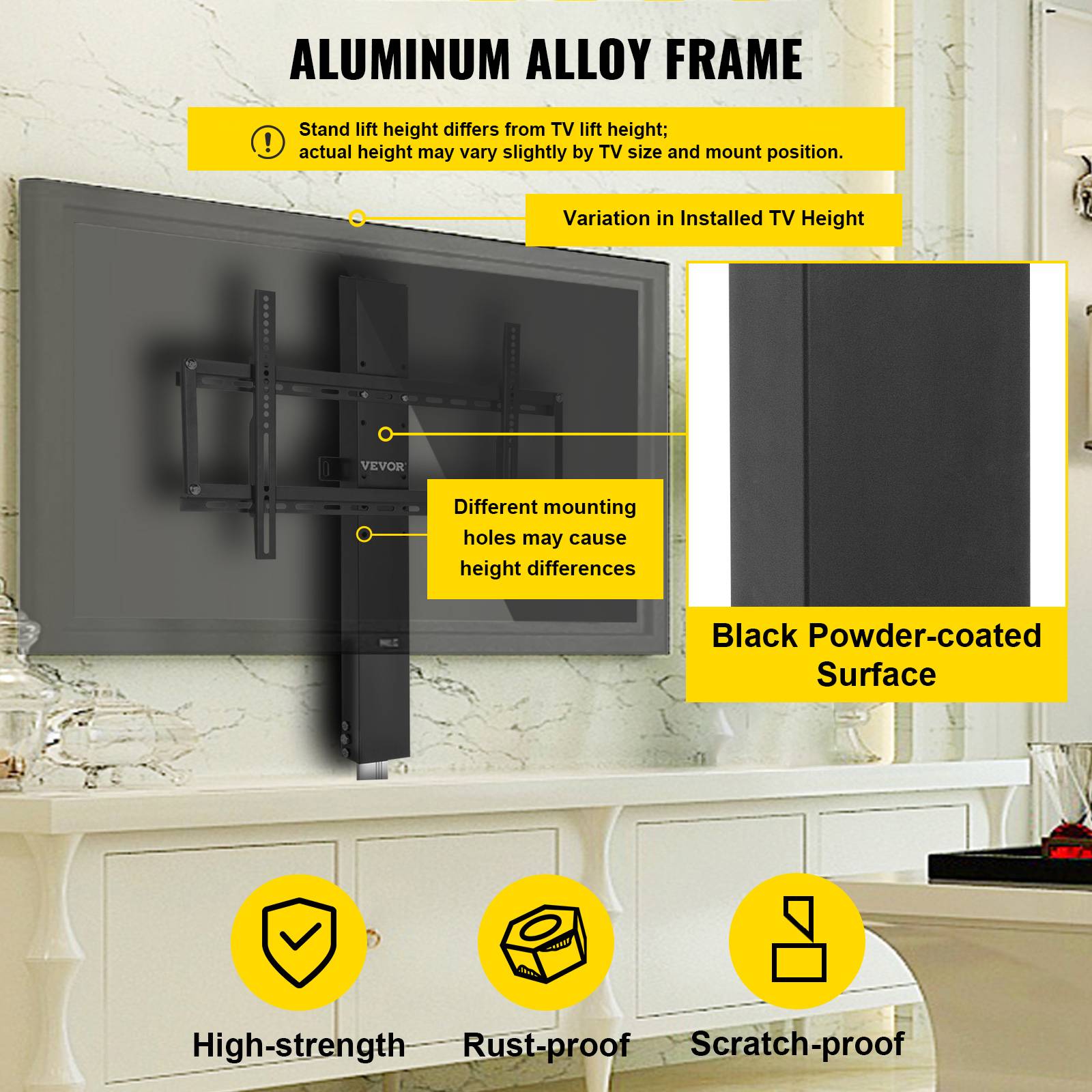 VEVOR Support TV universel 26-50", hauteur réglable 94.5-164.5cm, charge 60kg, moteur 1000N, 48.5x97.4cm. - Image 5