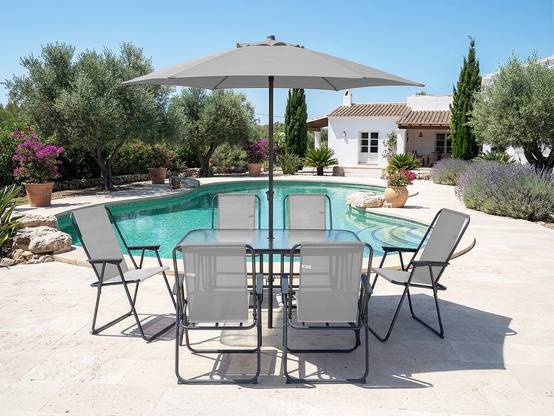 Habitat Et Jardin - Table Et Chaises De Jardin Avec Parasol En Métal "convivia" - 6 Places - Gris Clair -habitat Et Jardin - Image 2