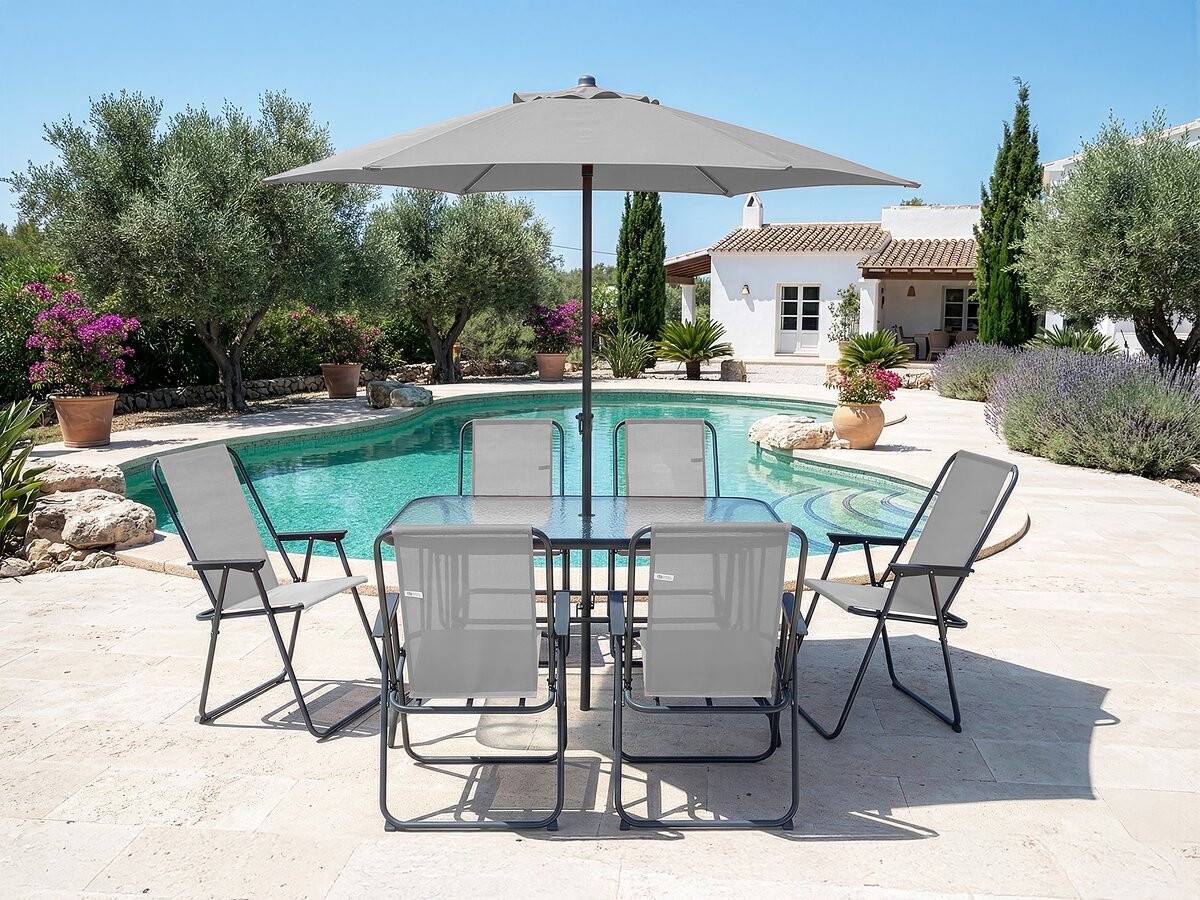 Habitat Et Jardin - Table Et Chaises De Jardin Avec Parasol En Métal "convivia" - 6 Places - Gris Clair -habitat Et Jardin - Image 2