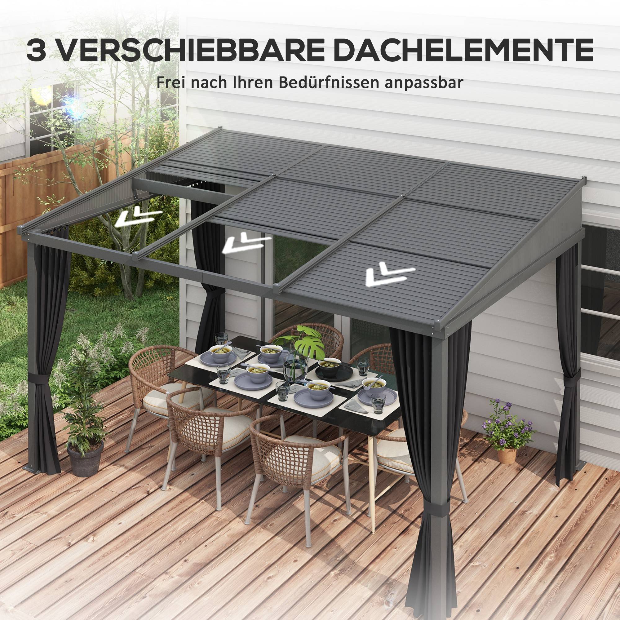 ComfortXL - Pergola aluminium toit polycarbonate coulissant rideaux terrasse 365x255cm gris - ComfortXL Outdoor Living - Image 6