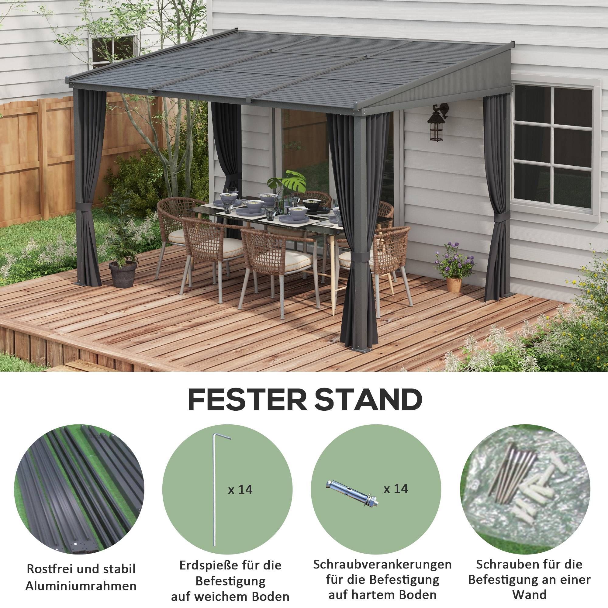 ComfortXL - Pergola aluminium toit polycarbonate coulissant rideaux terrasse 365x255cm gris - ComfortXL Outdoor Living - Image 9