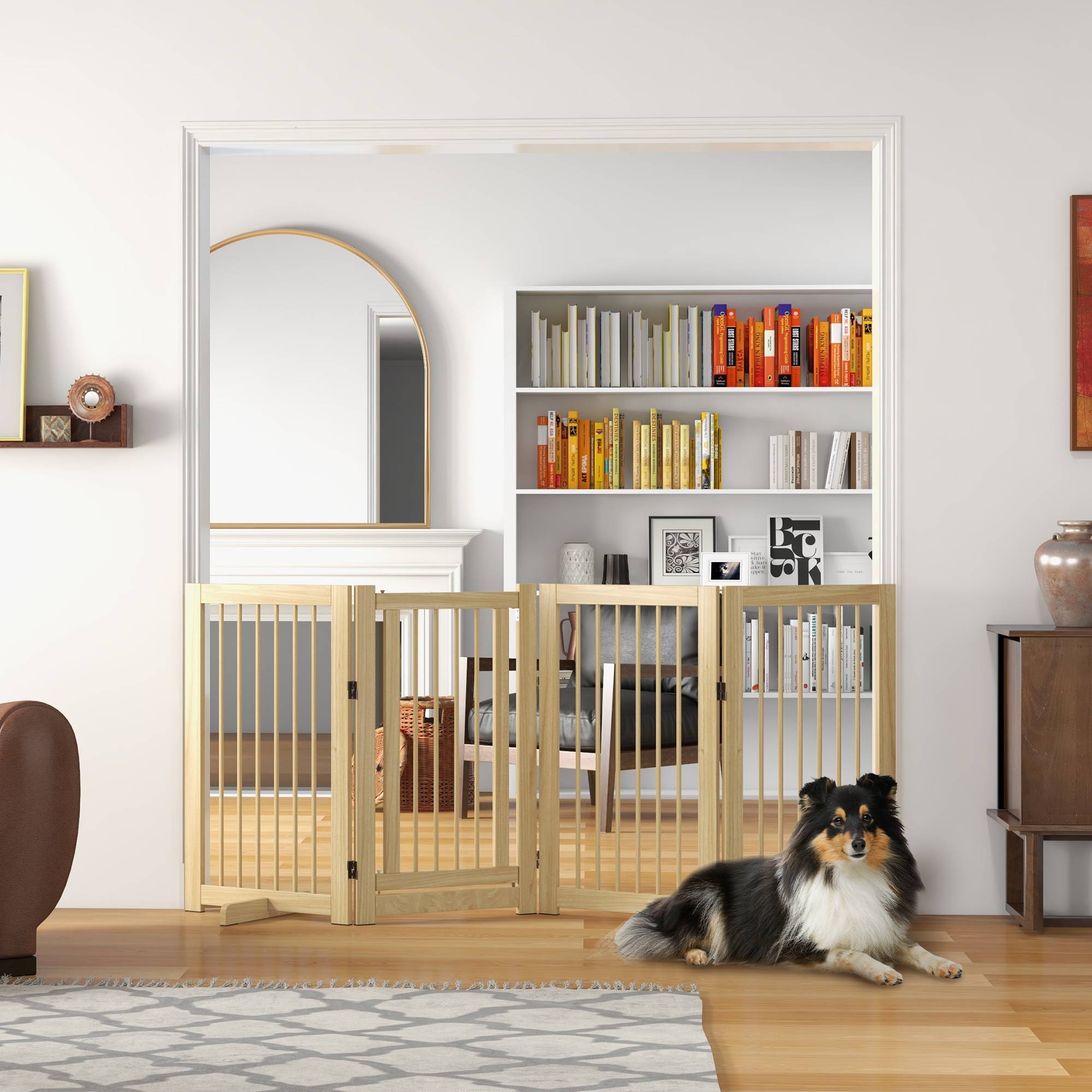 Barrière pour chien, autoportante, pliable, porte et pieds, cadre bois, 220x36x91 cm - Image 3