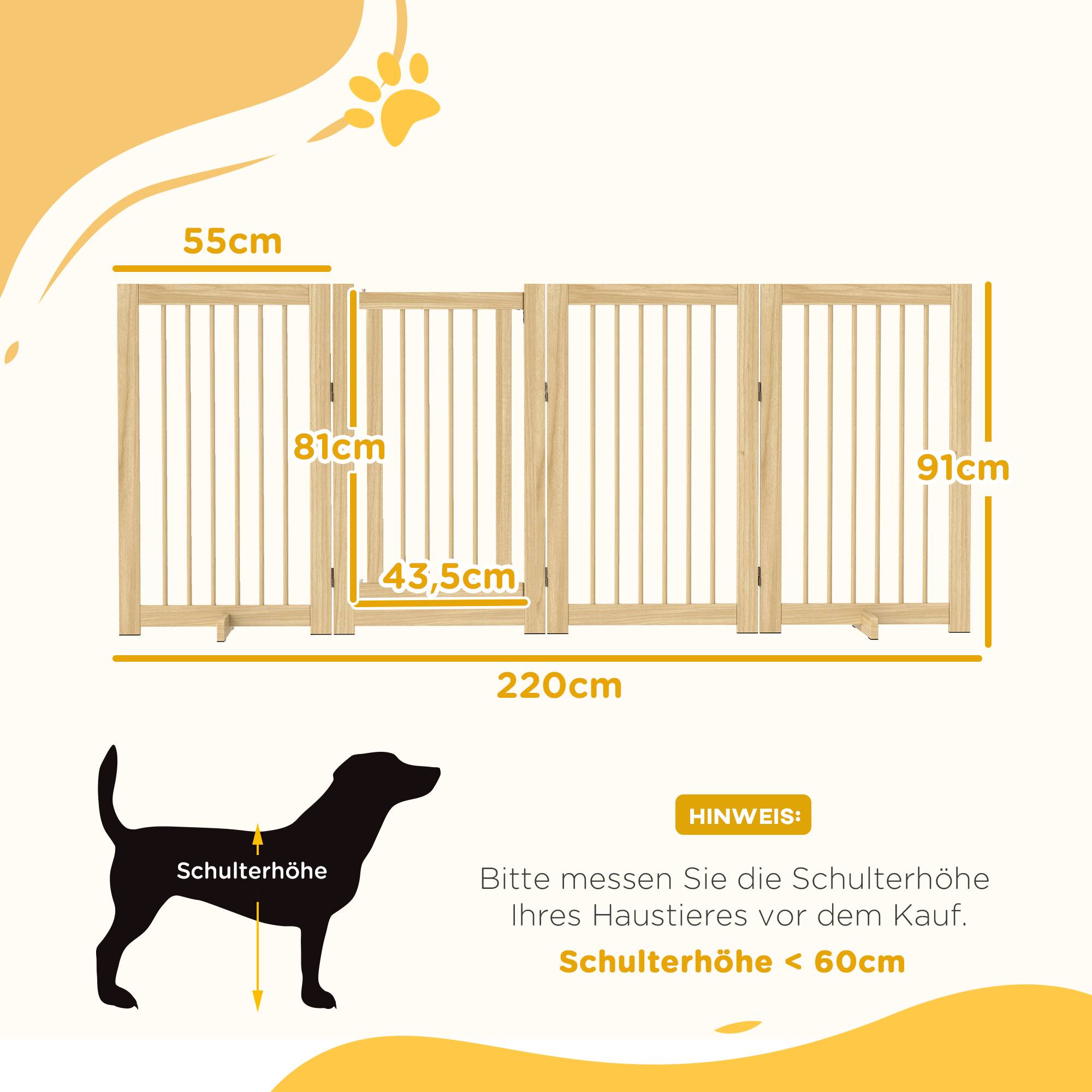 Barrière pour chien, autoportante, pliable, porte et pieds, cadre bois, 220x36x91 cm - Image 5