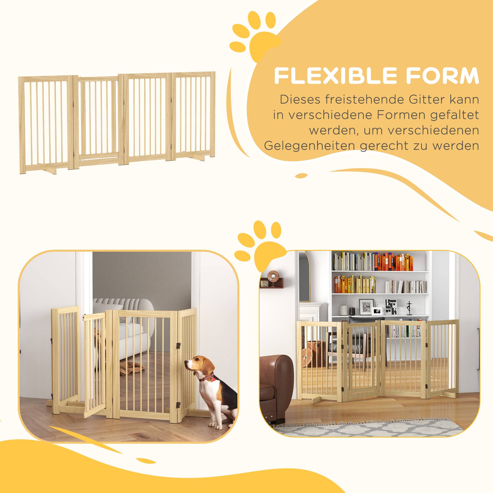 Barrière pour chien, autoportante, pliable, porte et pieds, cadre bois, 220x36x91 cm - Image 9