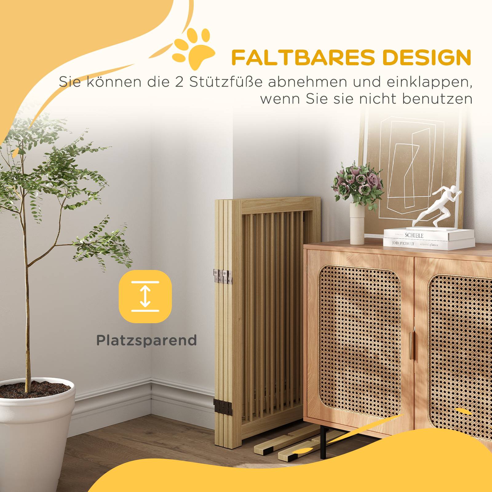 Barrière pour chien, autoportante, pliable, porte et pieds, cadre bois, 220x36x91 cm - Image 6