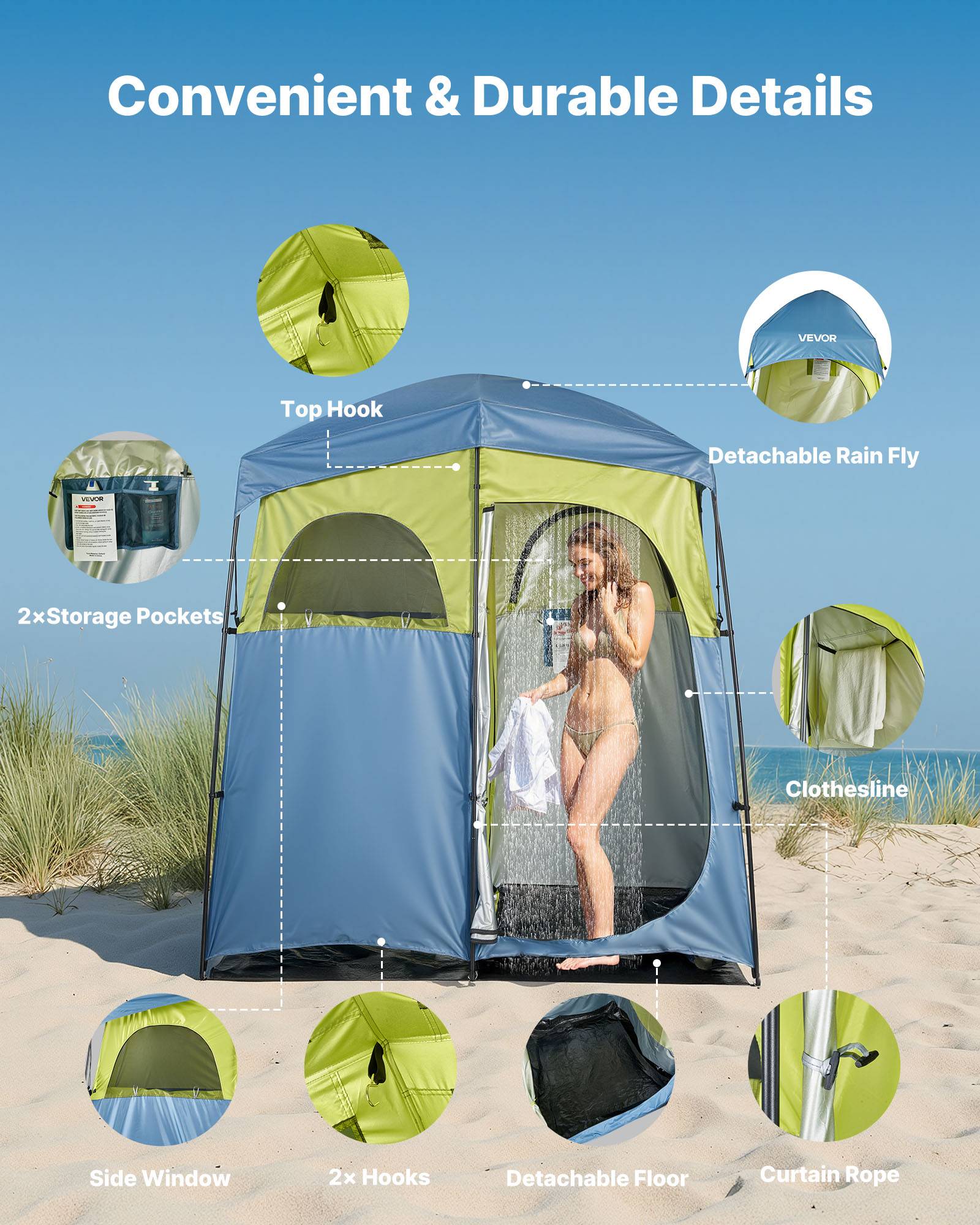 Vevor - VEVOR Tente de douche portable 2 personnes, 2 compartiments, tissu Oxford 150D, UPF 50, PU2000 mm, sac de douche et accessoires inclus. - Image 4