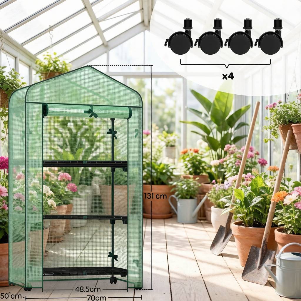 ComfortXL - Mini serre PE acier verte pour balcon terrasse 3 étagères sur roulettes 70 x 50 x 131 cm - ComfortXL Outdoor Living - Image 6