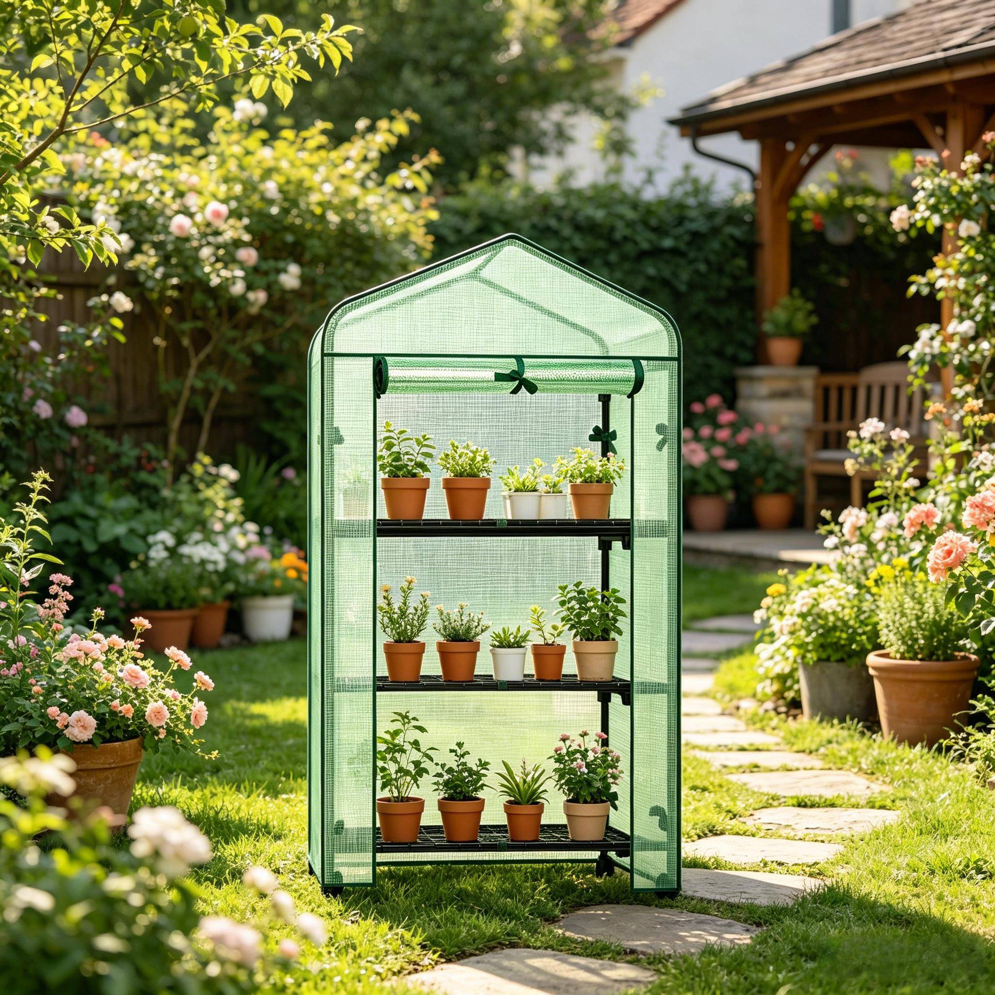 ComfortXL - Mini serre PE acier verte pour balcon terrasse 3 étagères sur roulettes 70 x 50 x 131 cm - ComfortXL Outdoor Living - Image 1