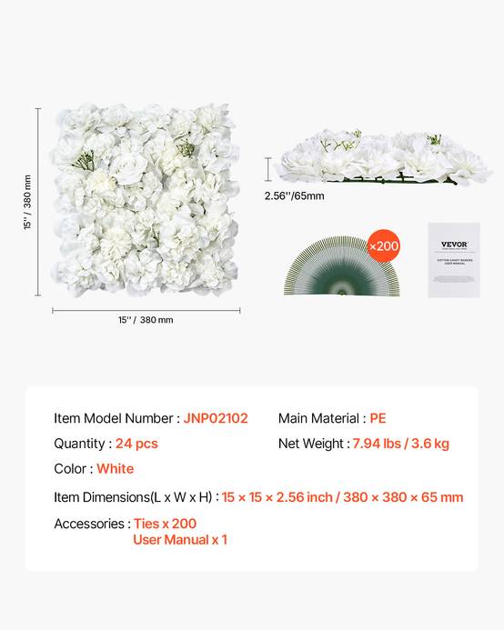 VEVOR Panneau mural décoratif floral 24pcs, 38x38cm, 3D, mariage, fond blanc. - Image 7