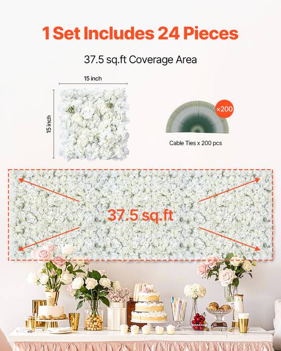 VEVOR Panneau mural décoratif floral 24pcs, 38x38cm, 3D, mariage, fond blanc. - Image 6