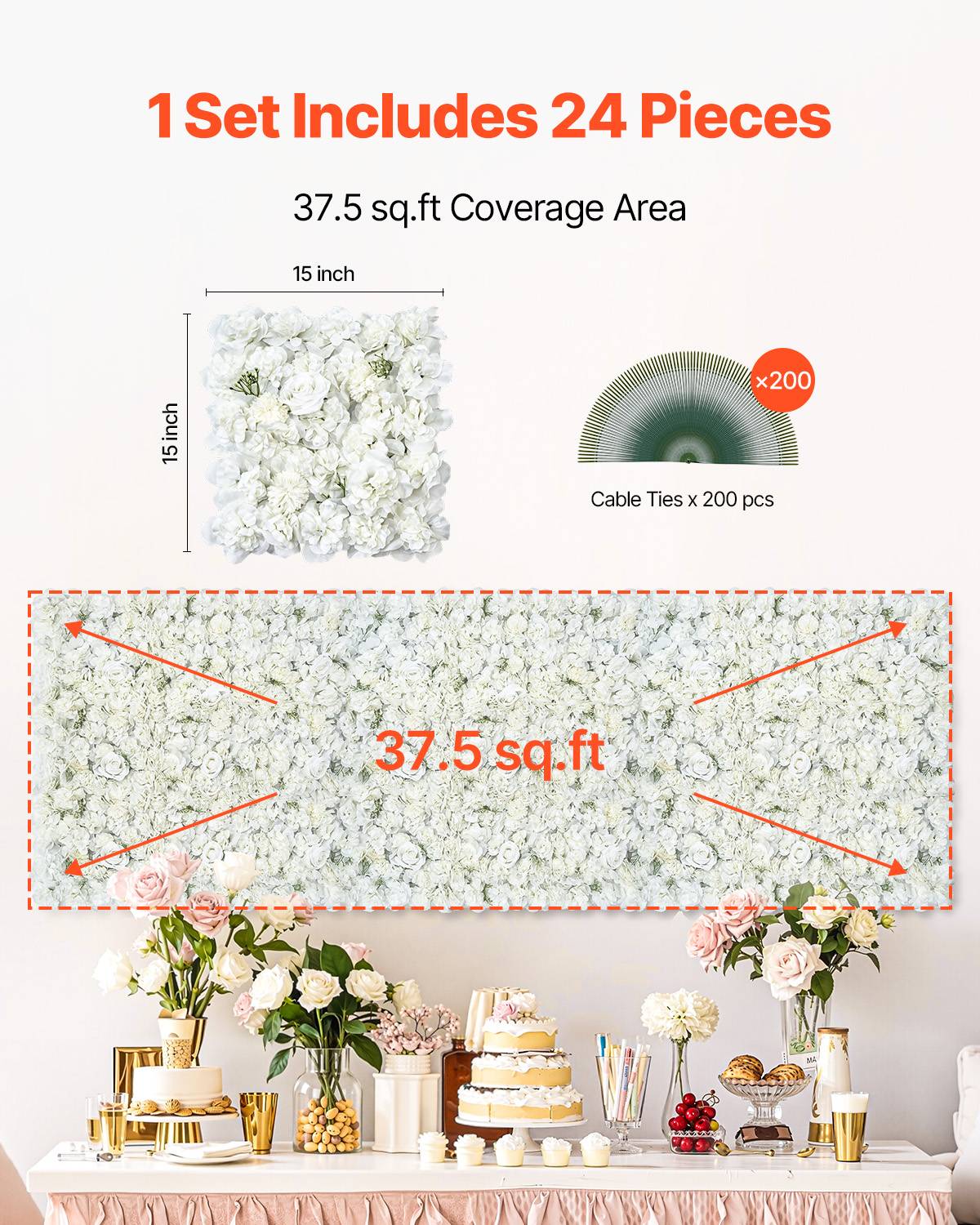 VEVOR Panneau mural décoratif floral 24pcs, 38x38cm, 3D, mariage, fond blanc. - Image 6