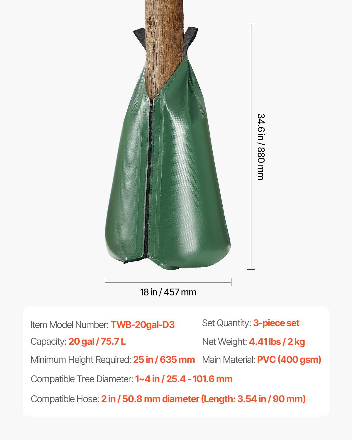 VEVOR Sac arrosage arbres 3pcs, 75.7L, goutte à goutte, fermeture. - Image 7