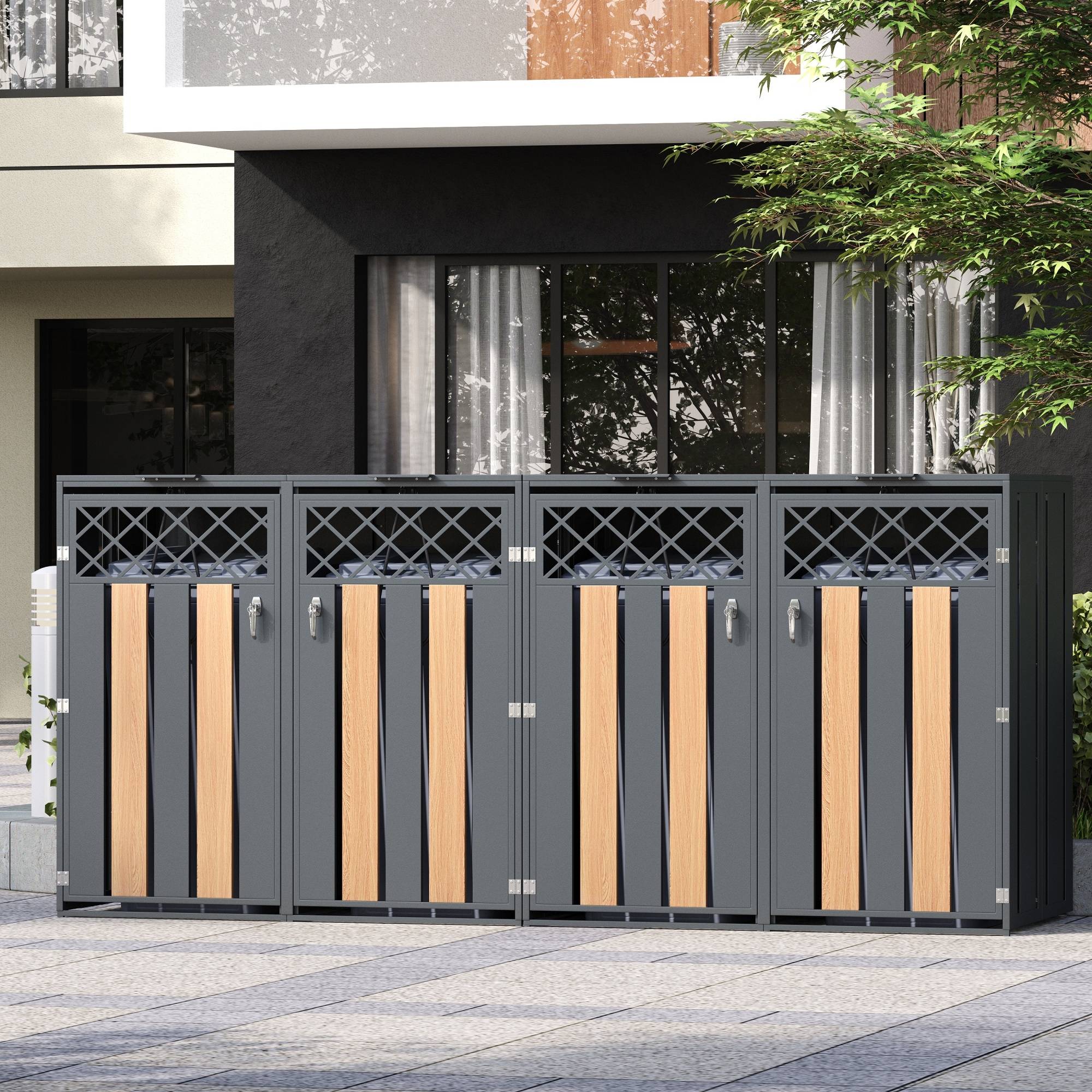 Mülltonnenbox en acier galvanisé avec bois imitation gris, 132 x 80 x 118,5 cm - PANGIVO - Image 4