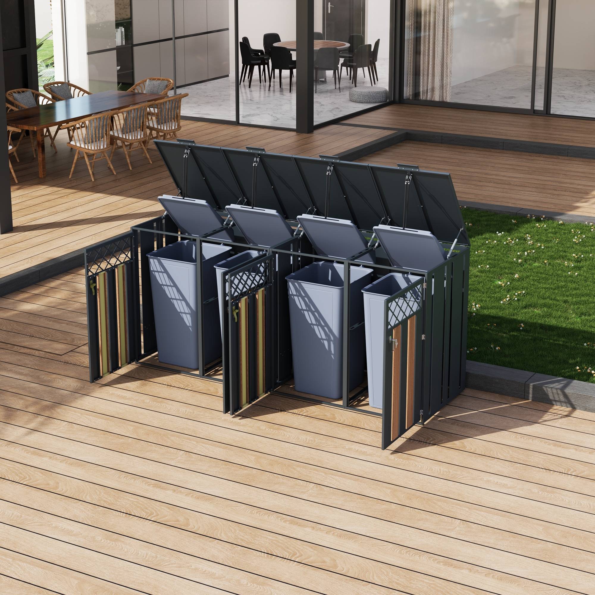 Mülltonnenbox en acier galvanisé avec bois imitation gris, 132 x 80 x 118,5 cm - PANGIVO - Image 10