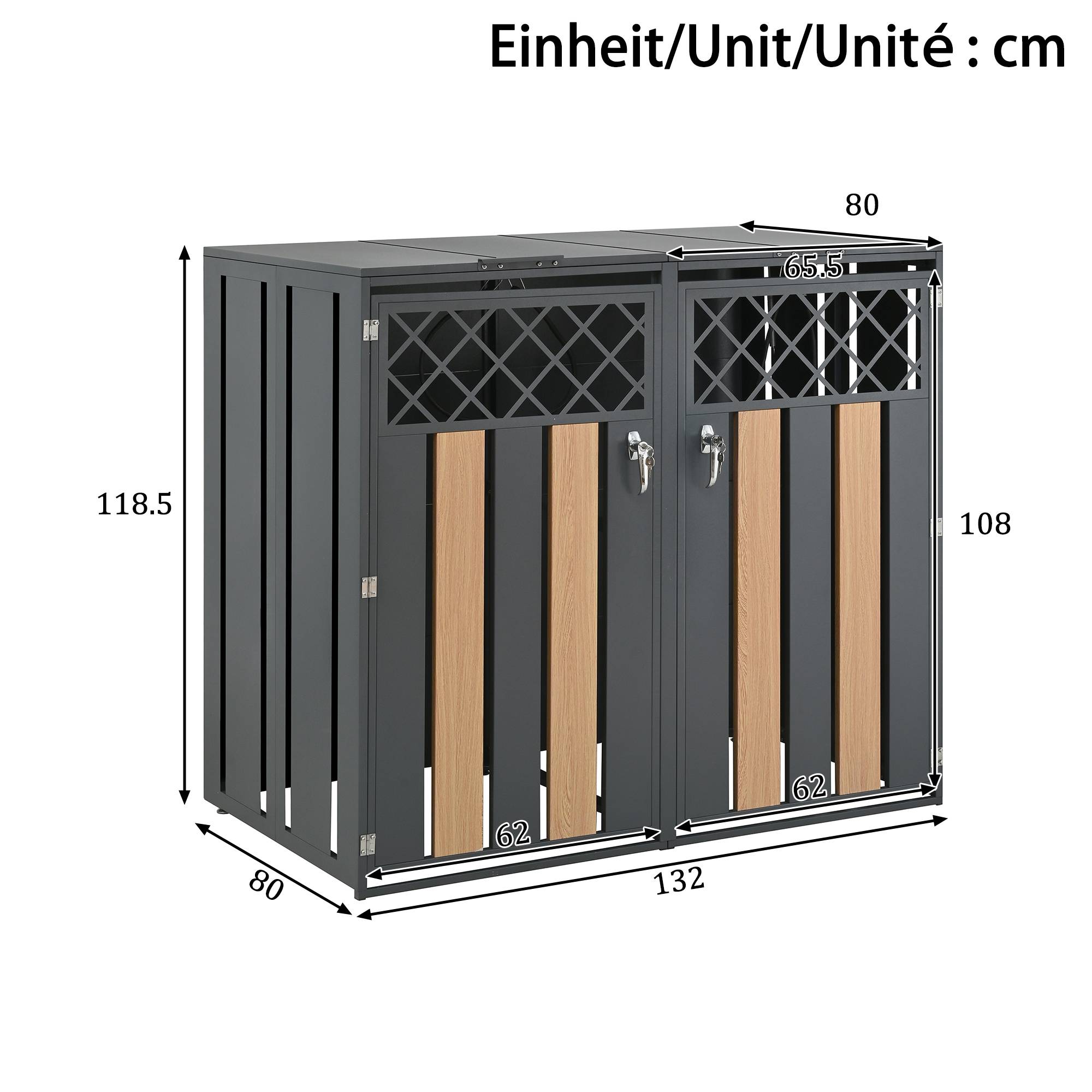 Mülltonnenbox en acier galvanisé avec bois imitation gris, 132 x 80 x 118,5 cm - PANGIVO - Image 5