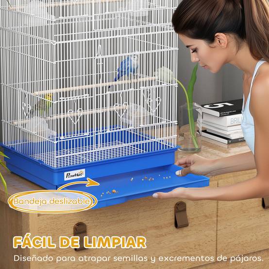 Grande Cage à oiseaux en Métal pour Perruches et Canaris Volière avec 3 perchoirs et mangeoires 92 cm Bleu - ComfortXL Outdoor Living - Image 7