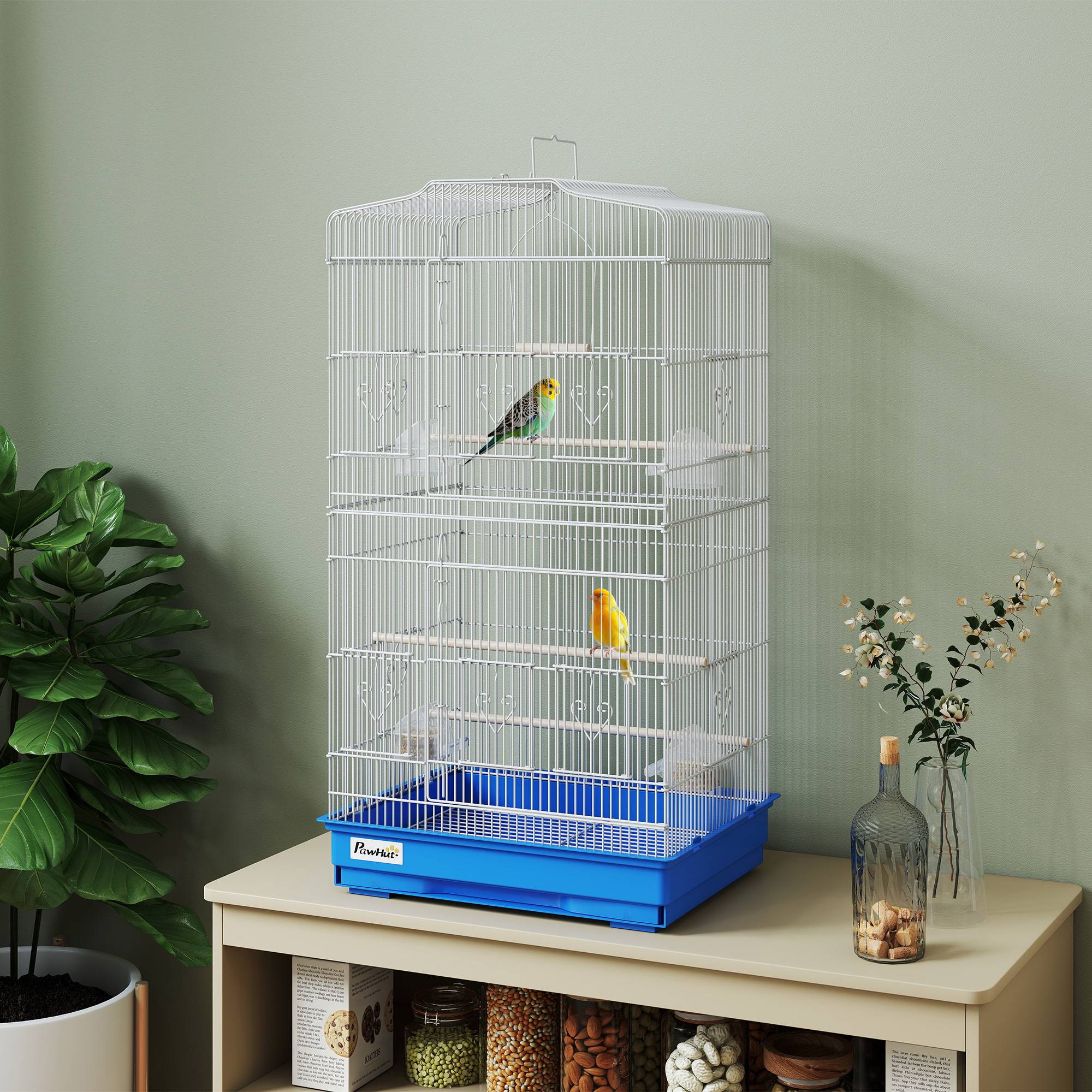 Grande Cage à oiseaux en Métal pour Perruches et Canaris Volière avec 3 perchoirs et mangeoires 92 cm Bleu - ComfortXL Outdoor Living - Image 4