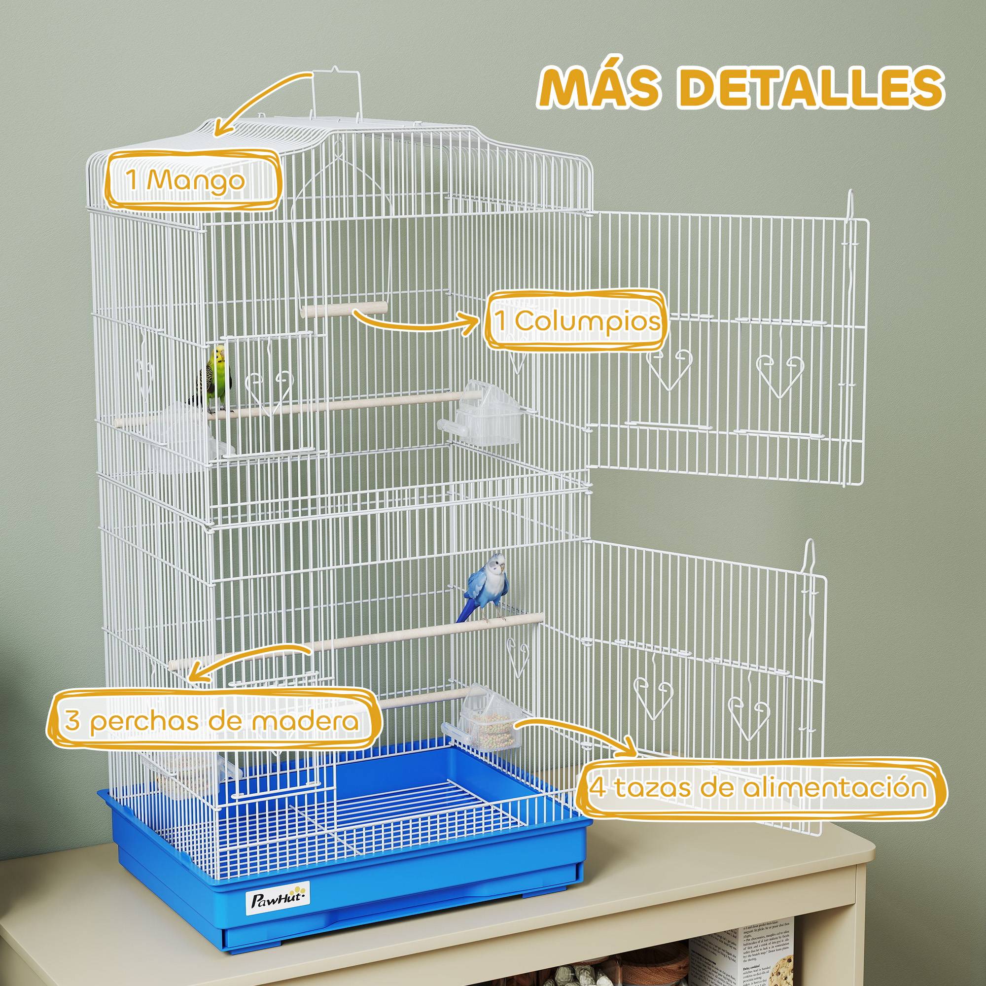 Grande Cage à oiseaux en Métal pour Perruches et Canaris Volière avec 3 perchoirs et mangeoires 92 cm Bleu - ComfortXL Outdoor Living - Image 8