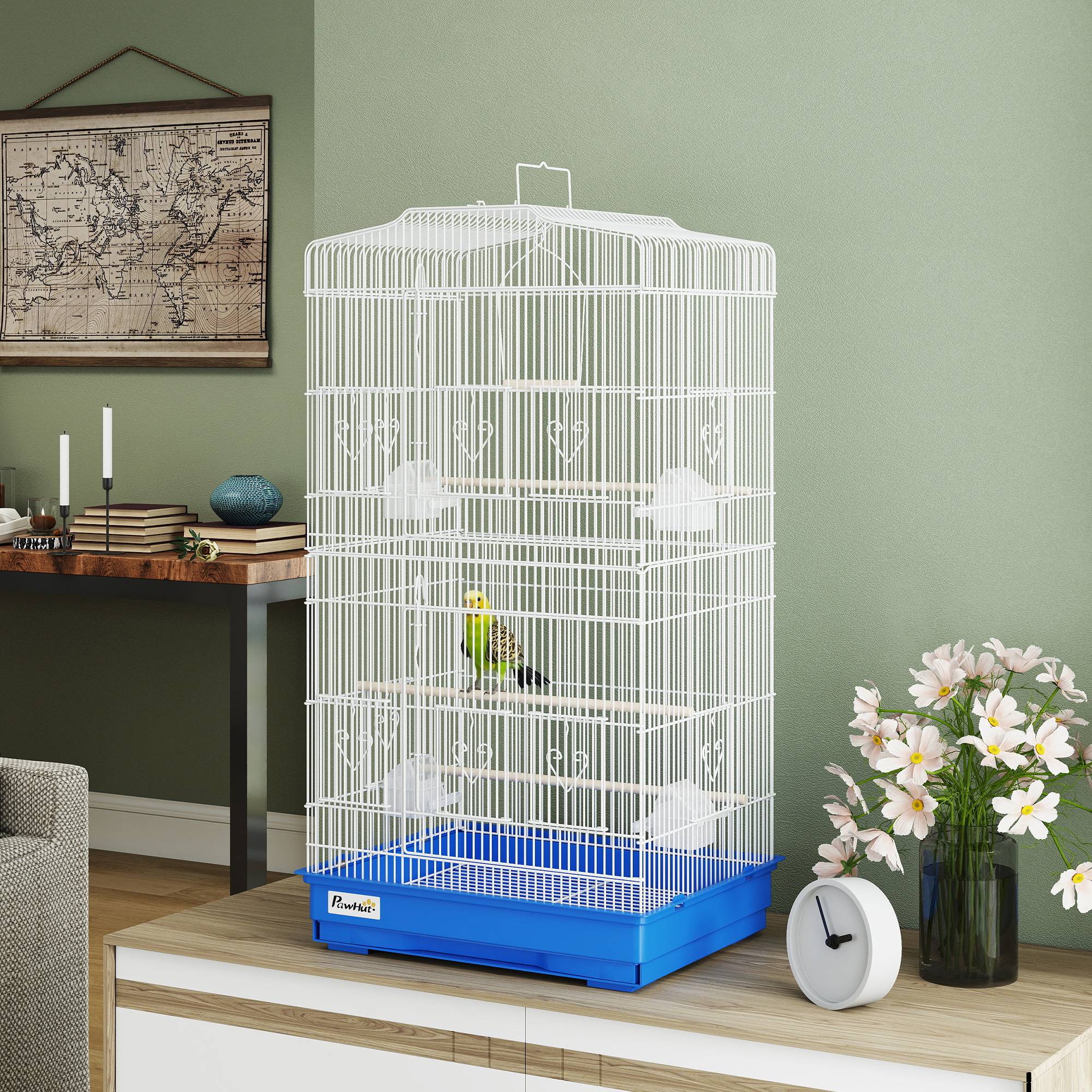Grande Cage à oiseaux en Métal pour Perruches et Canaris Volière avec 3 perchoirs et mangeoires 92 cm Bleu - ComfortXL Outdoor Living - Image 3