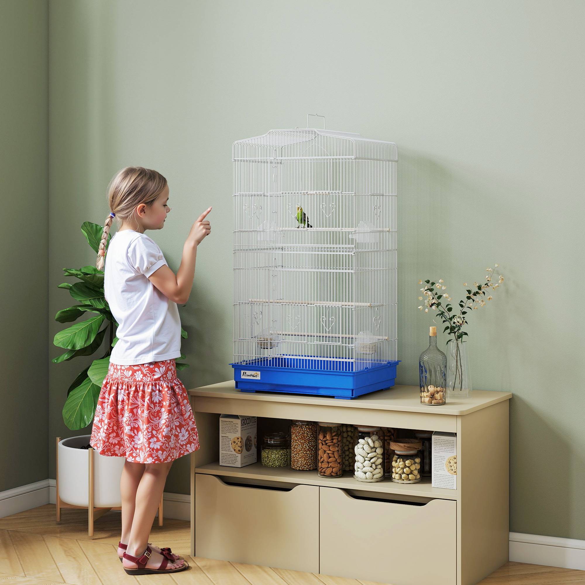 Grande Cage à oiseaux en Métal pour Perruches et Canaris Volière avec 3 perchoirs et mangeoires 92 cm Bleu - ComfortXL Outdoor Living - Image 10